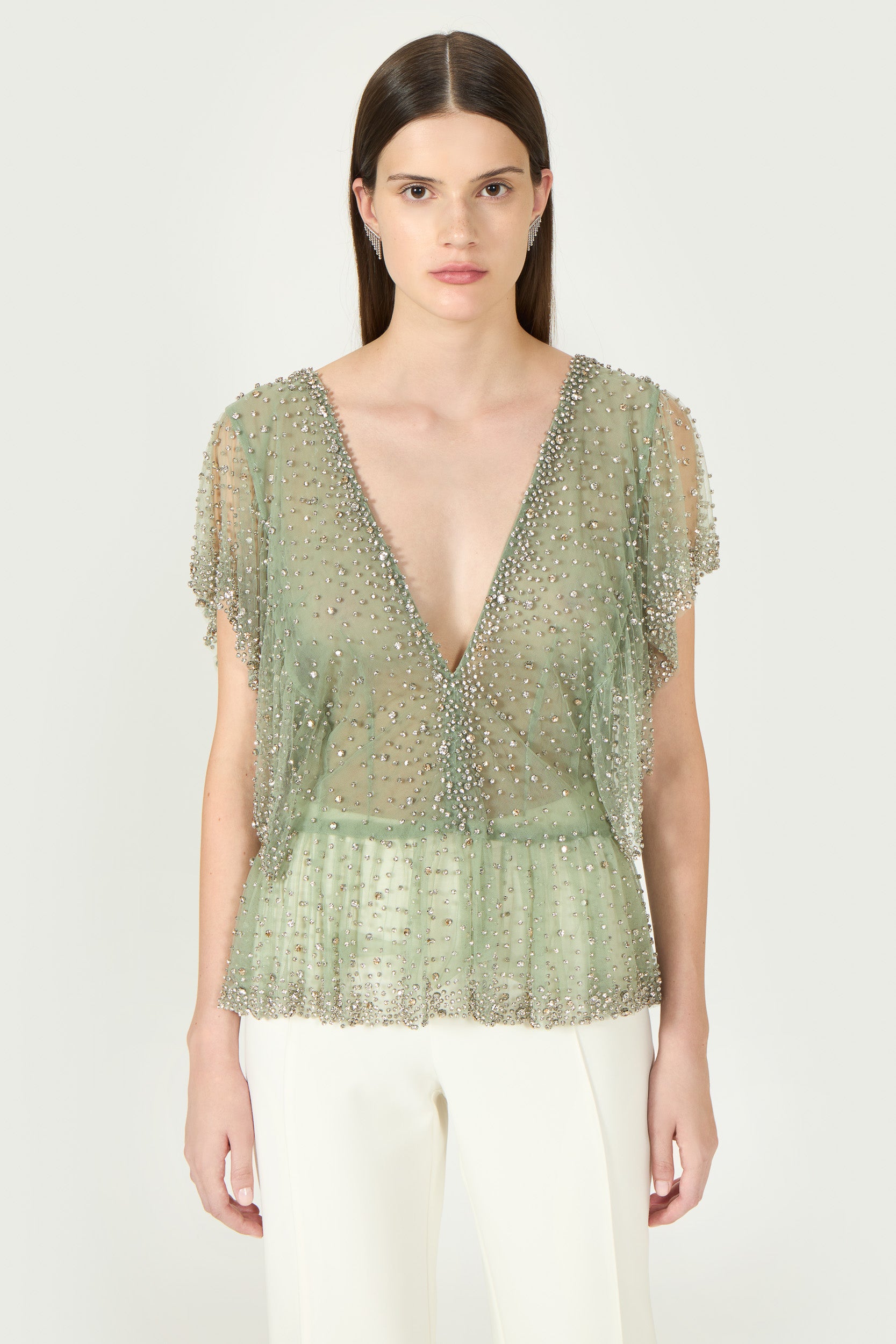 Aletta Crystal French Tulle Peplum Top