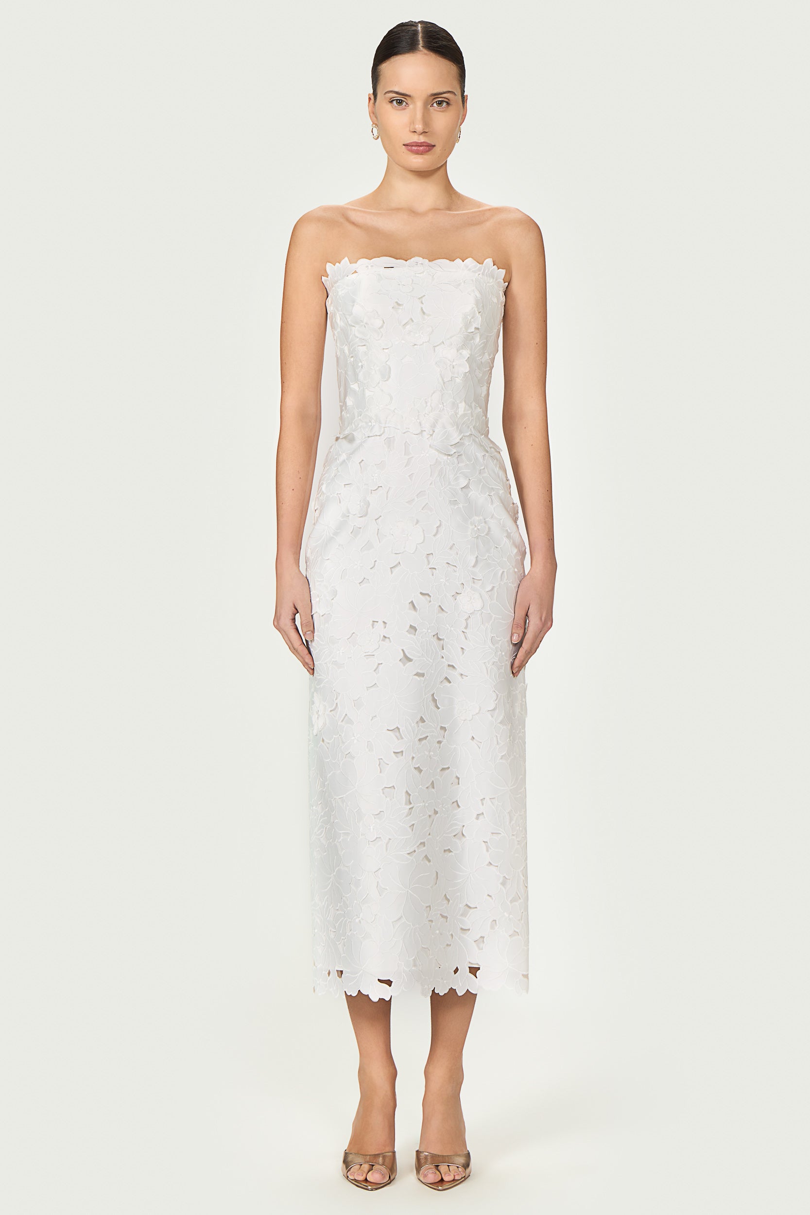 knee length dresses for ladies White Eyelet Dress - Strapless Midi Dress