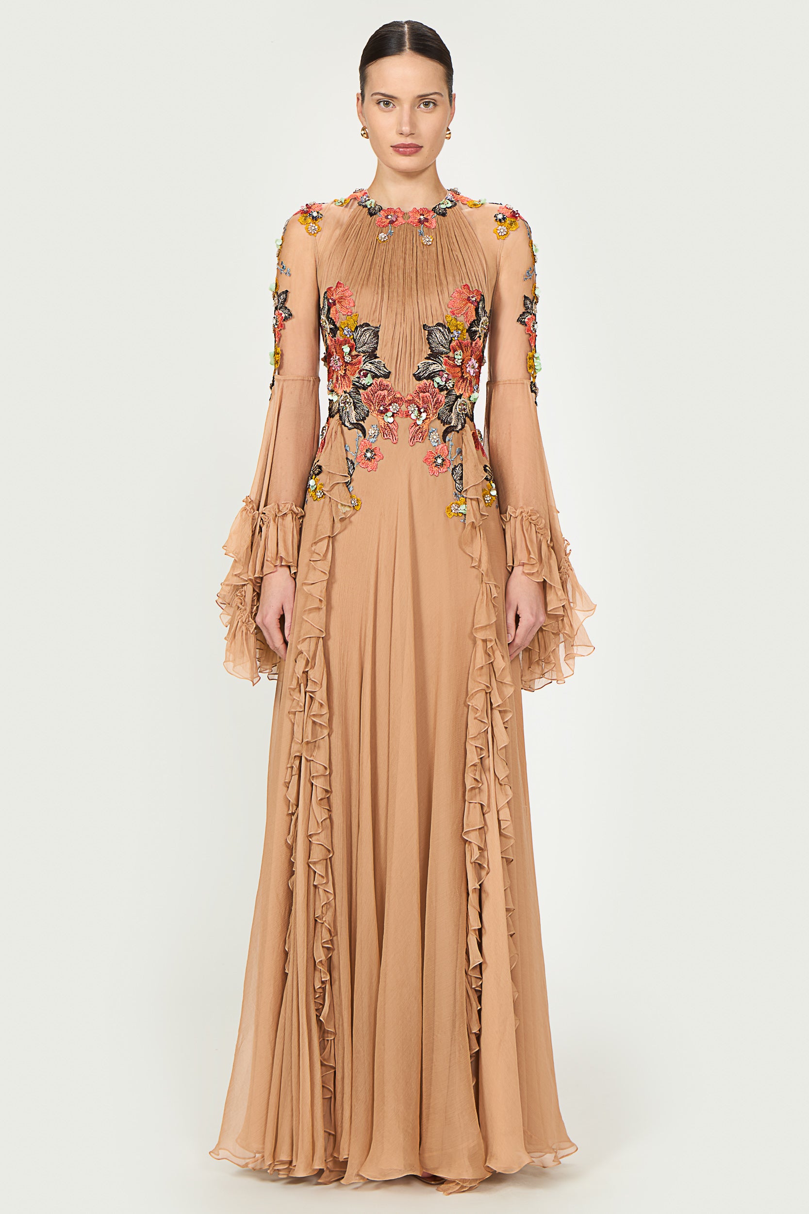 sachin and babi light blue dress STRETCH CREPE DRESS WITH CHIFFON SLEEVES AND NIGHT SKY BEADING