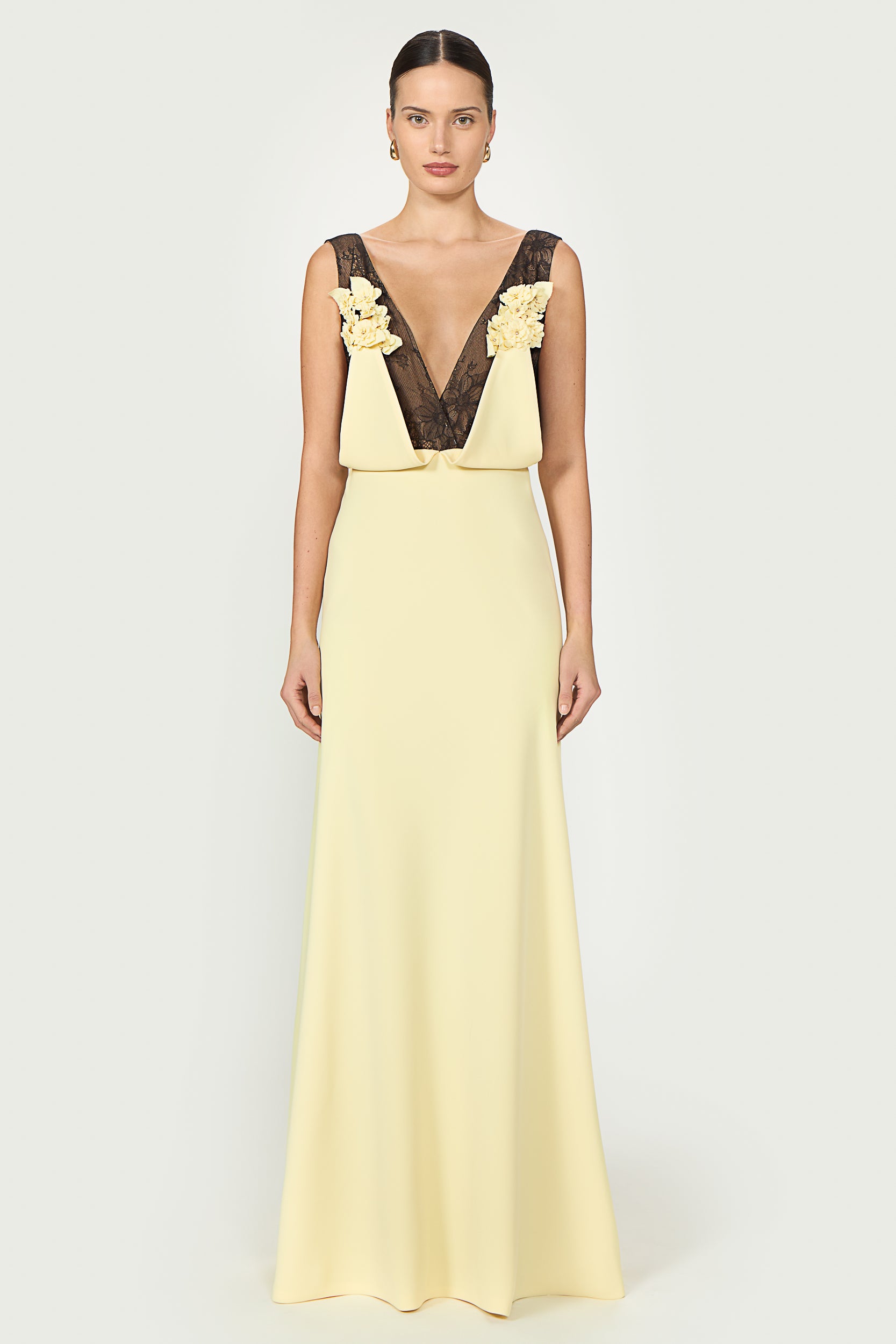 Janessa Crepe Lace Plunge Neck Gown Janessa Crepe Lace Plunge Neck Gown