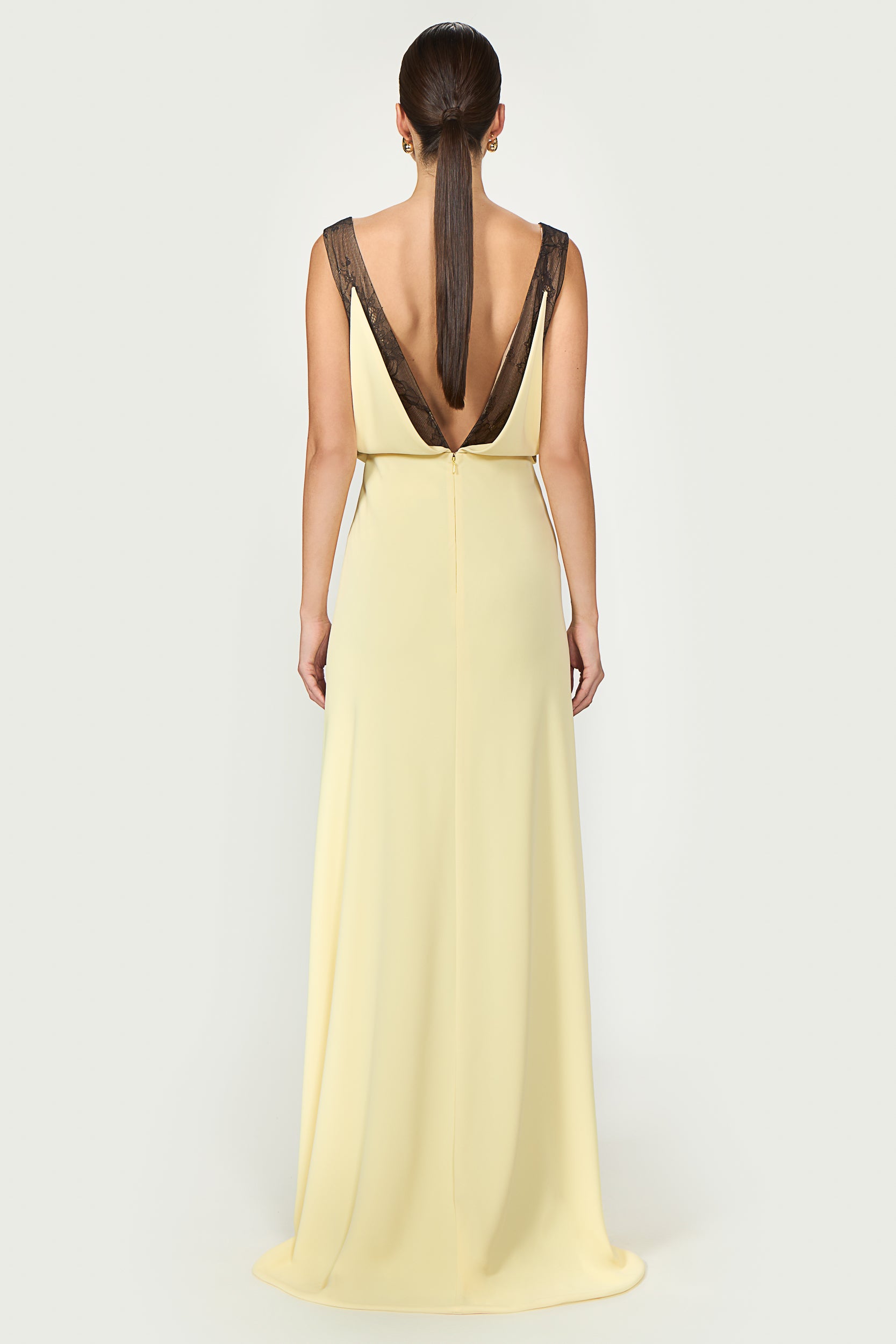 Janessa Crepe Lace Plunge Neck Gown