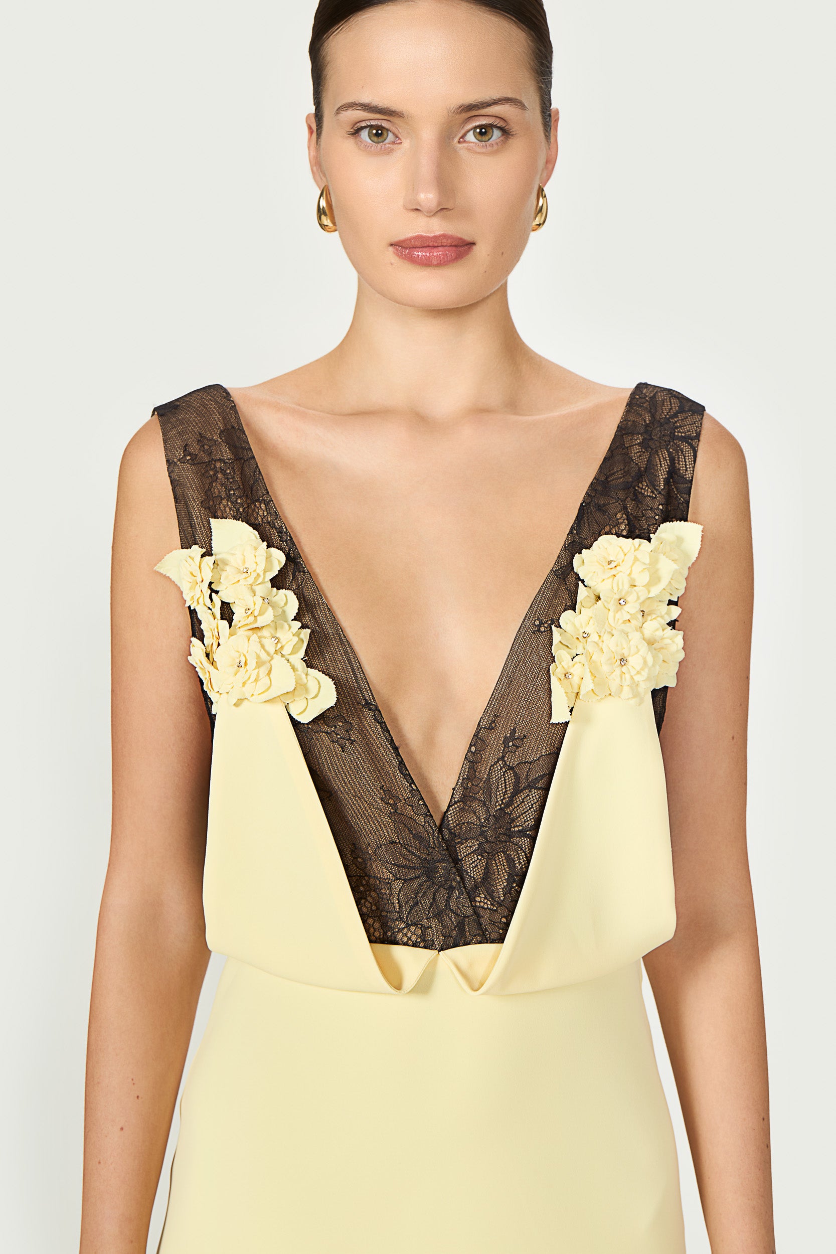 Janessa Crepe Lace Plunge Neck Gown