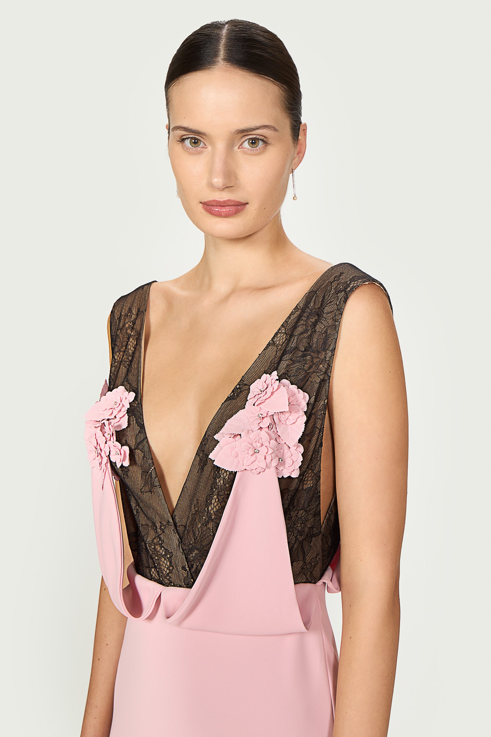 Janessa Crepe Lace Plunge Neck Gown