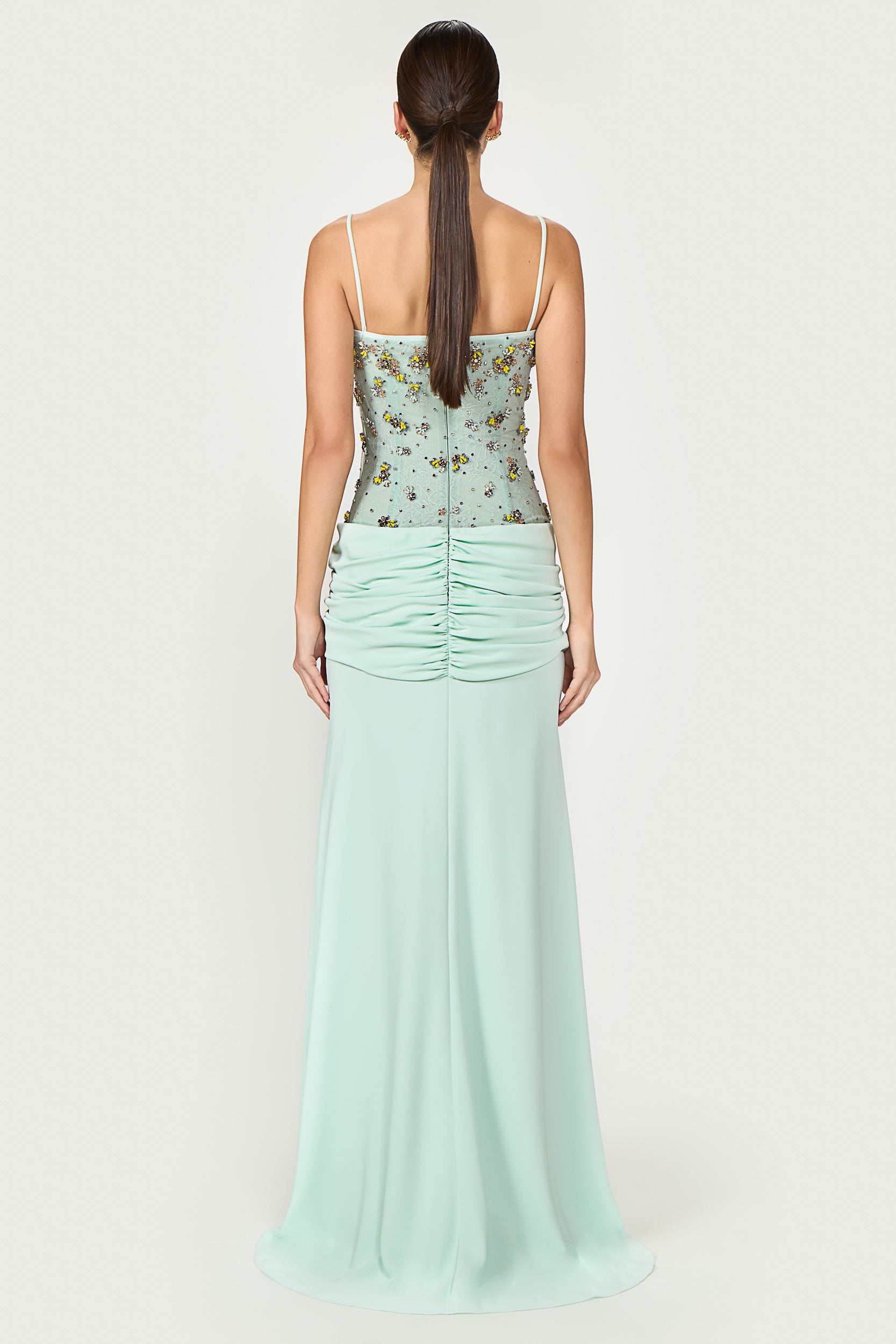 Nissa Crepe Embroidered Tulle Gown