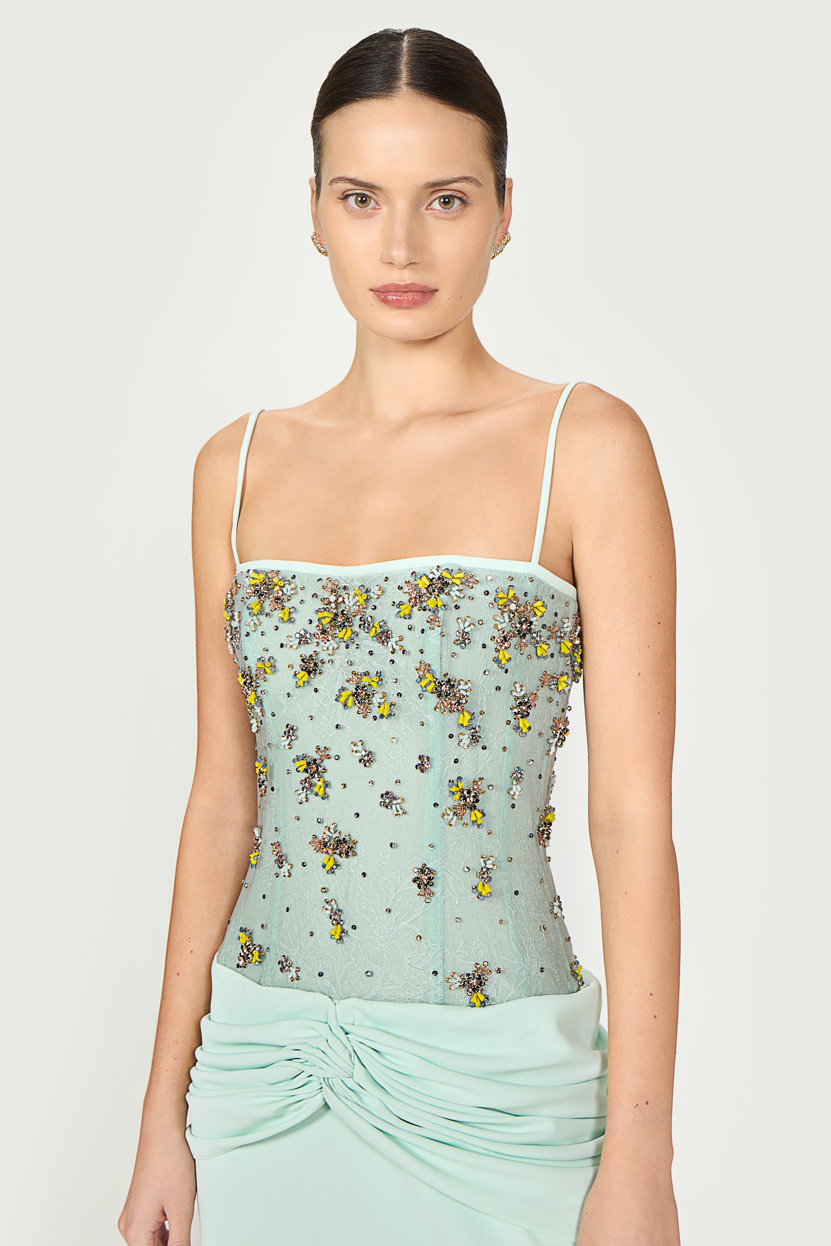 Nissa Crepe Embroidered Tulle Gown