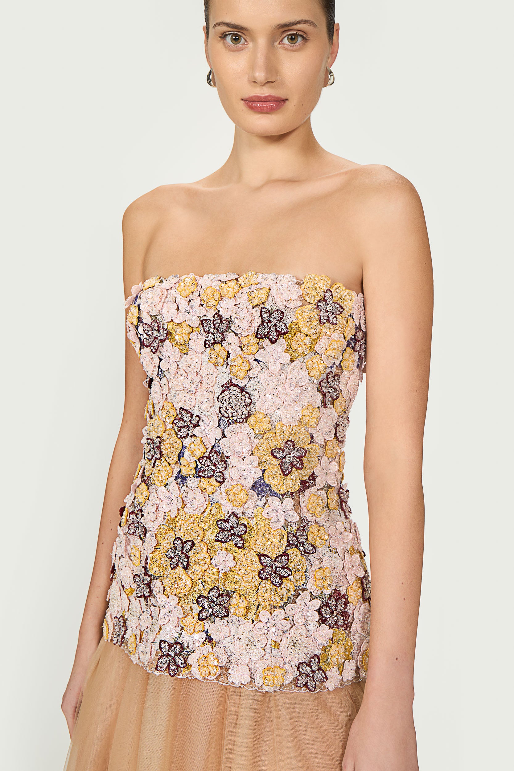 Thia Embroidered Tulle Strapless Dress