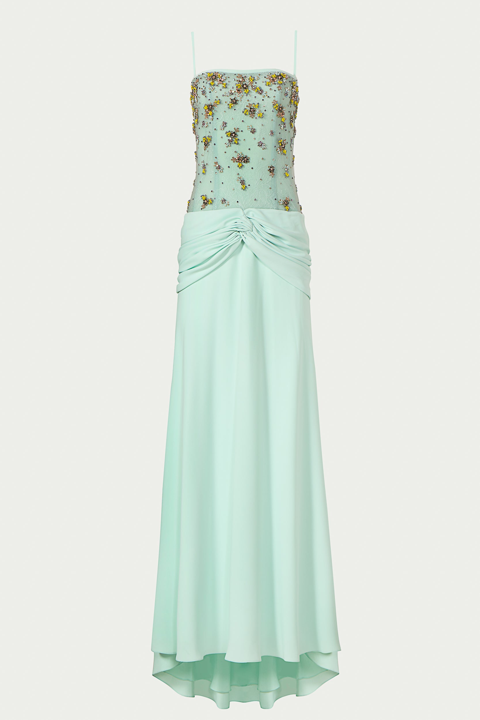 Nissa Crepe Embroidered Tulle Gown