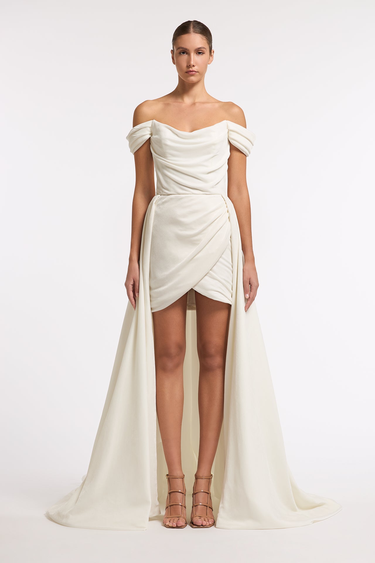 Atena Cotton Velvet Draped Highlow Off-Shoulder Gown