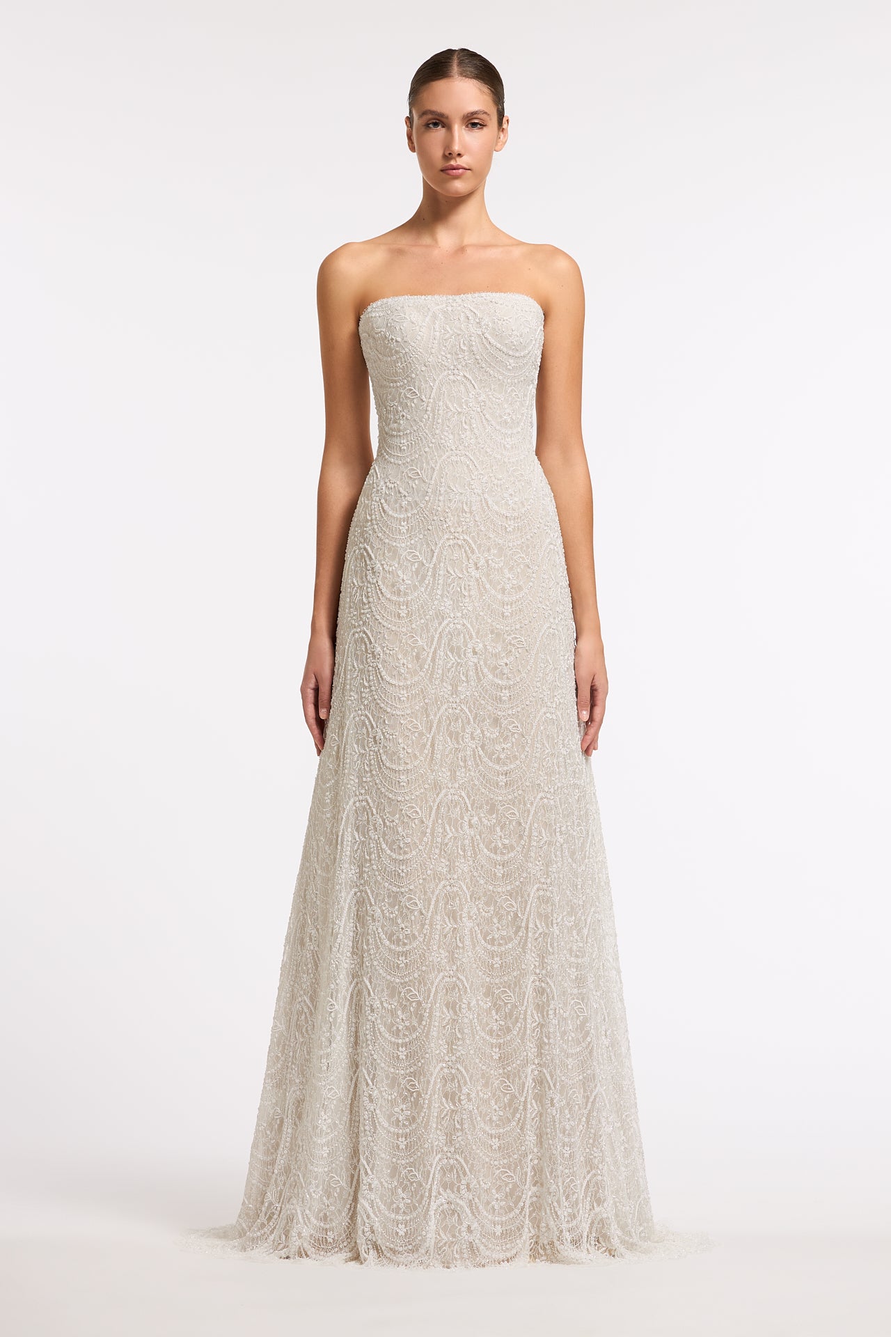 Irida Hand-Beaded French Lace Strapless Gown