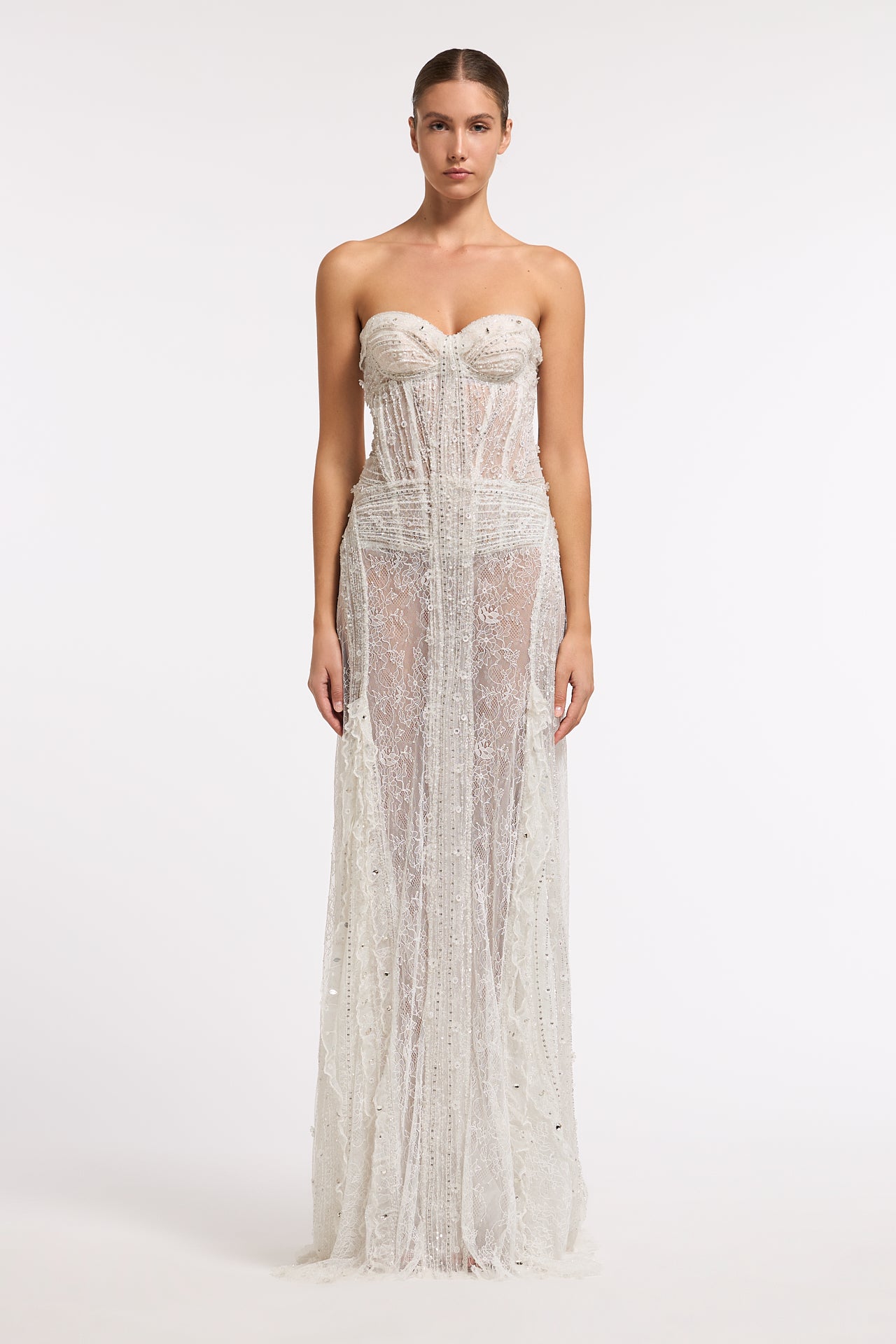 Artemisia Hand-Beaded French Lace Bustier Gown