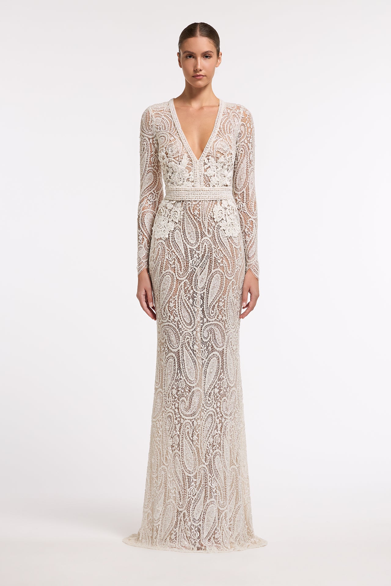 Astraia Pearl-Beaded Column Gown