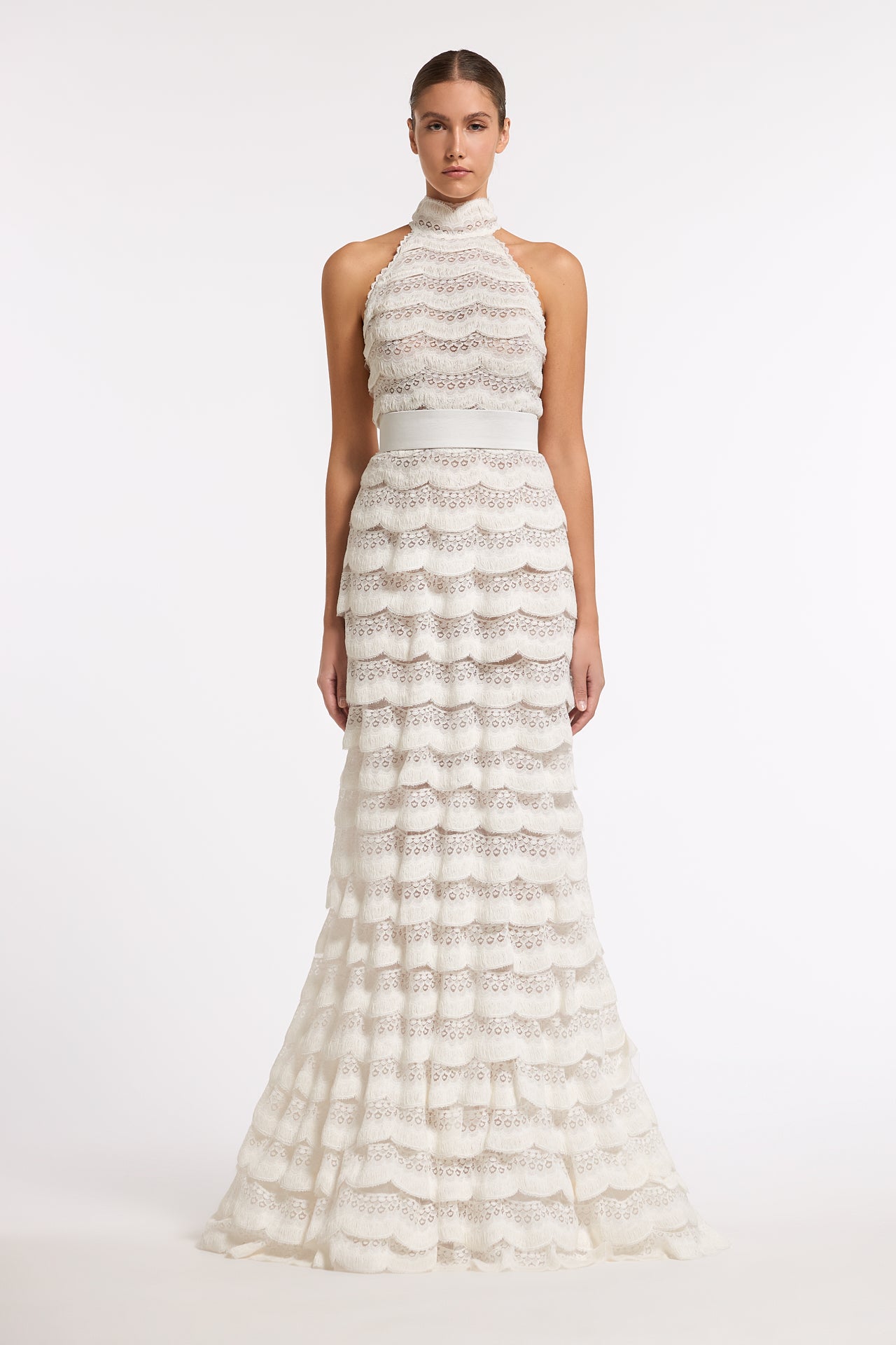 Irisia Scalloped French Lace Tiered High-Neck Gown