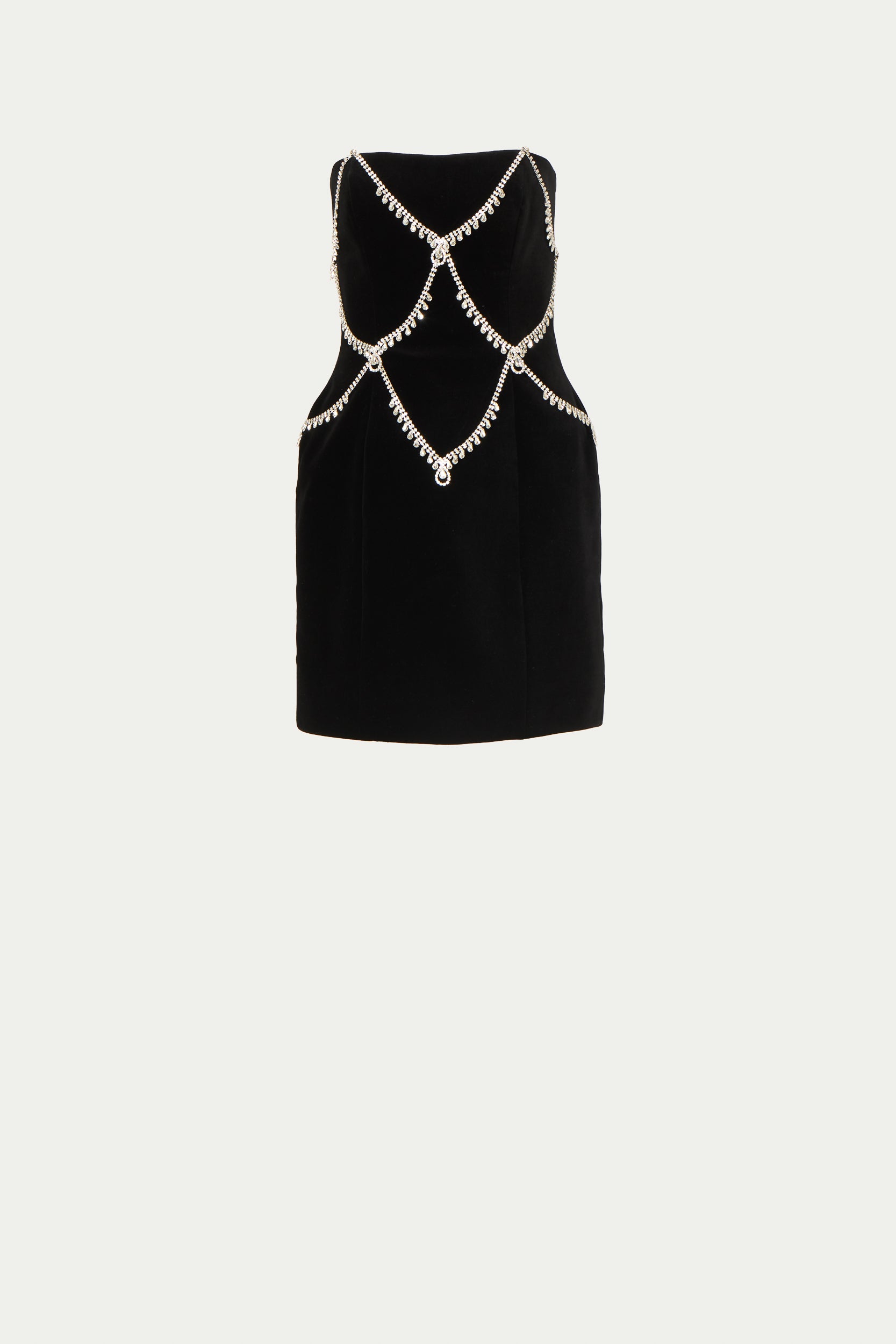 Novee Velvet Strapless Crystal Chain Mini Dress