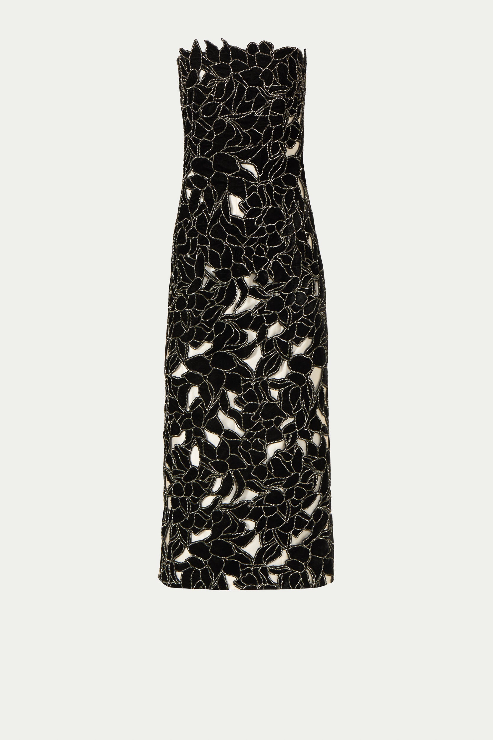 Nellia Floral Cut Silk Velvet Lace Strapless Midi Dress