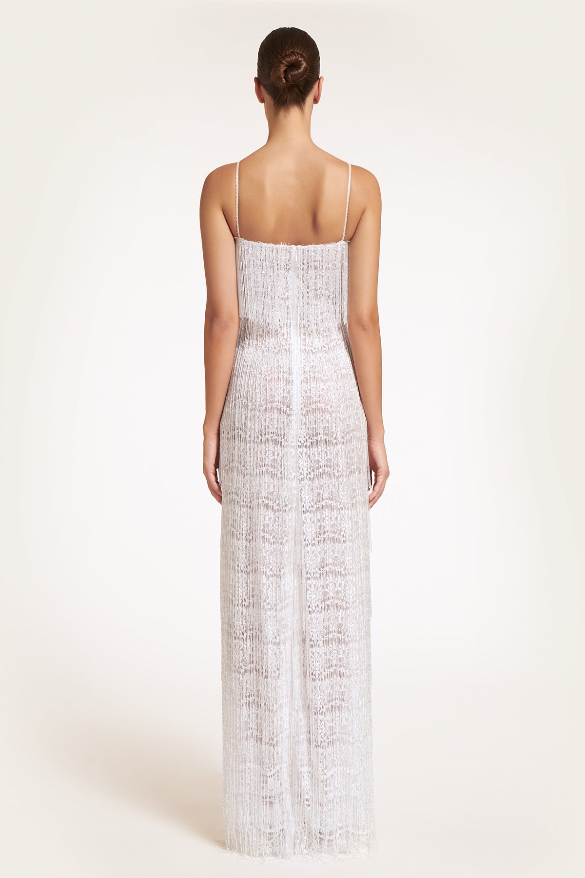 Kirka French Lace Handbeaded Fringe Gown