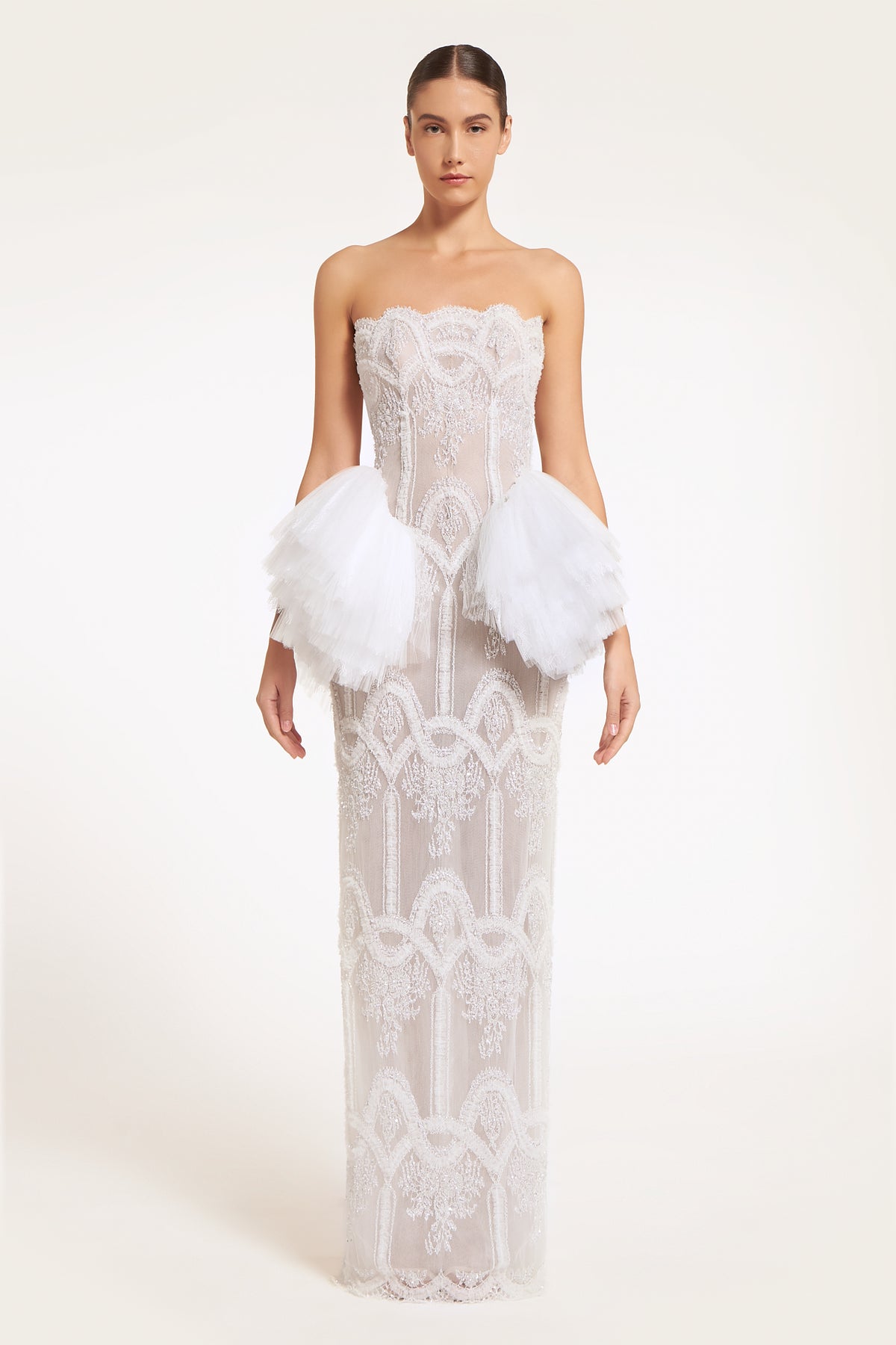 Thetia Hand-Beaded French Lace Column Gown