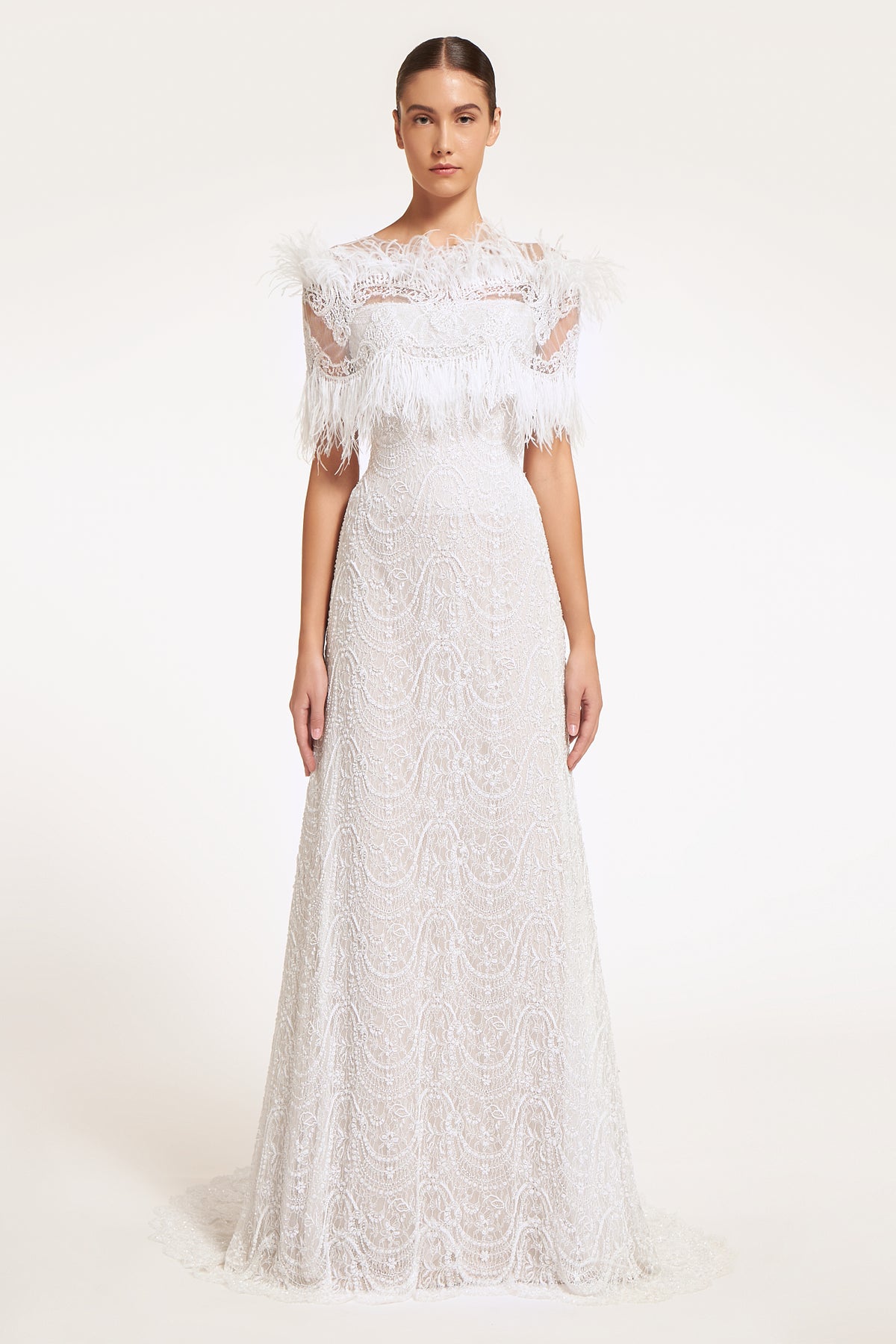 Chloe Hand-Beaded French Lace Feathers Caplet