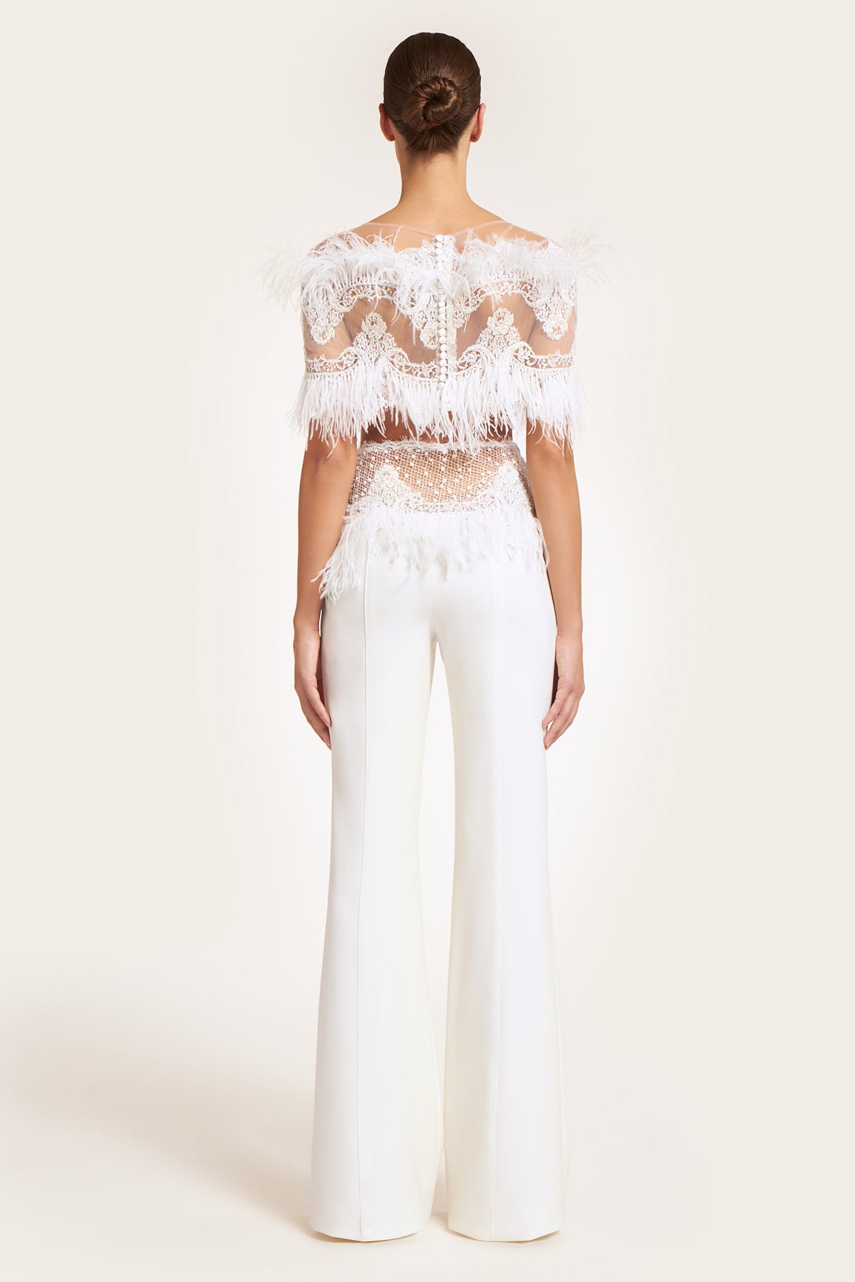Despia Hand-Beaded Feathered Crepe Trousers