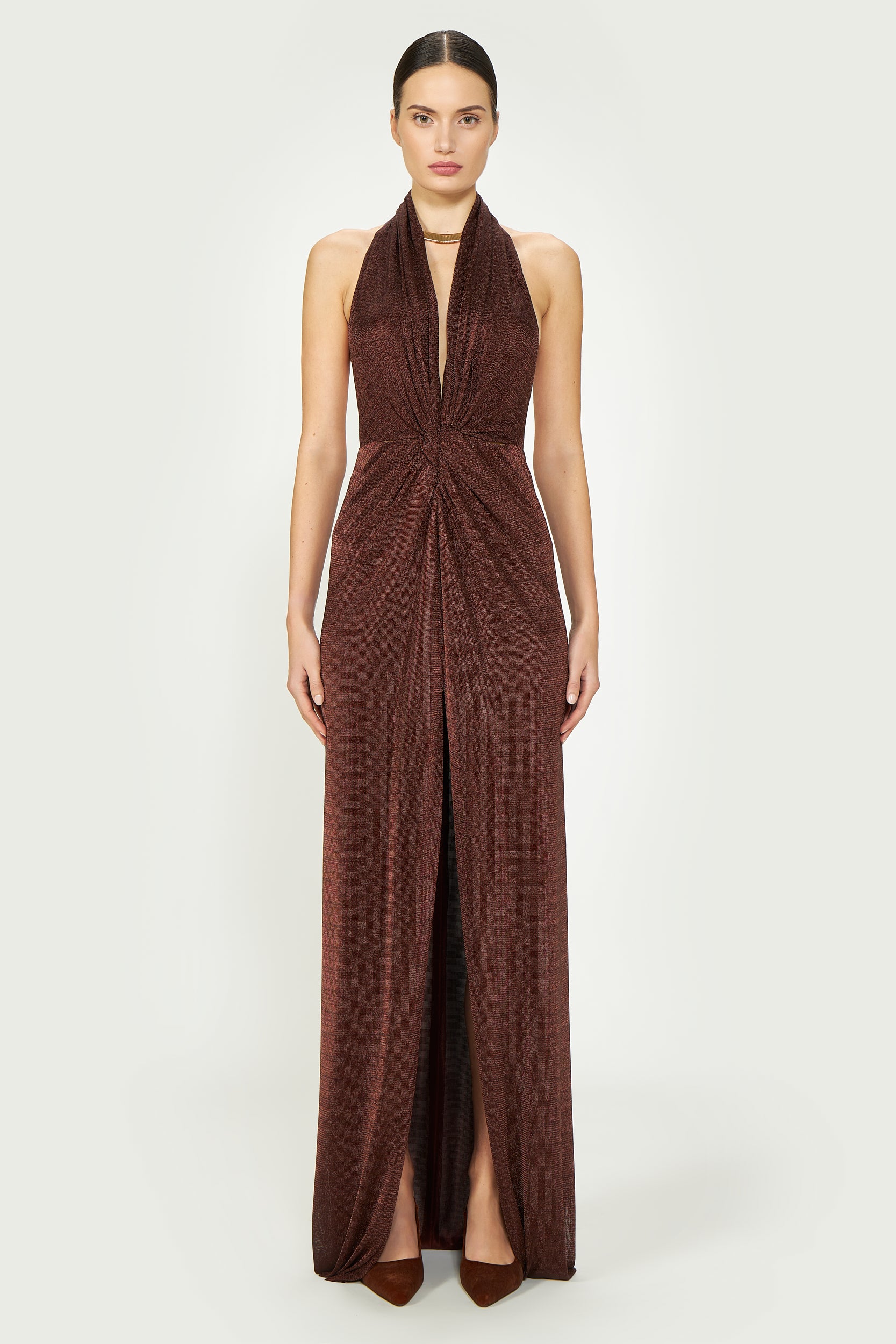 Ambrie Metallic Mesh Jersey Gown