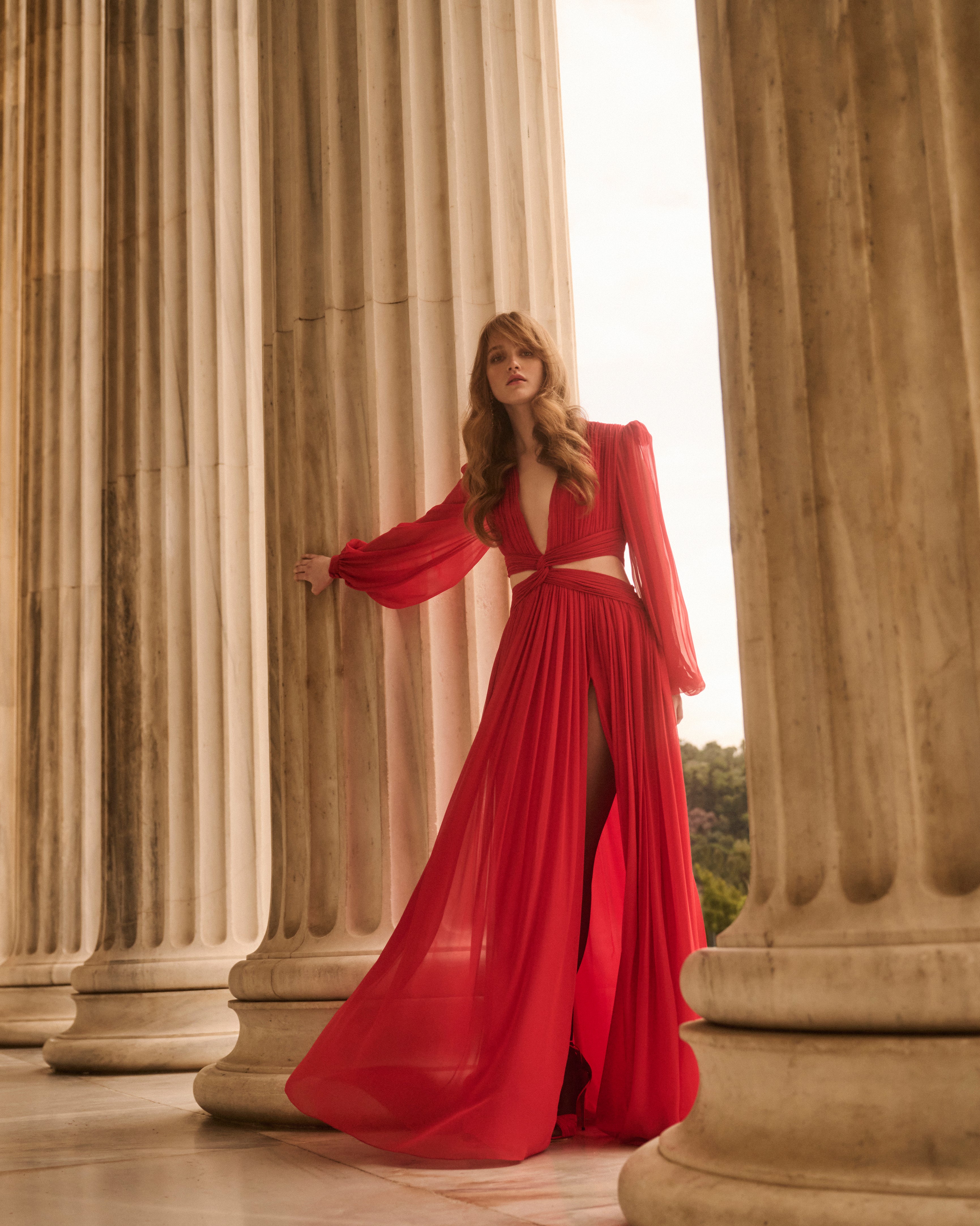 costarellos red dress Costarellos - Marlette High-Low Crepe Gown