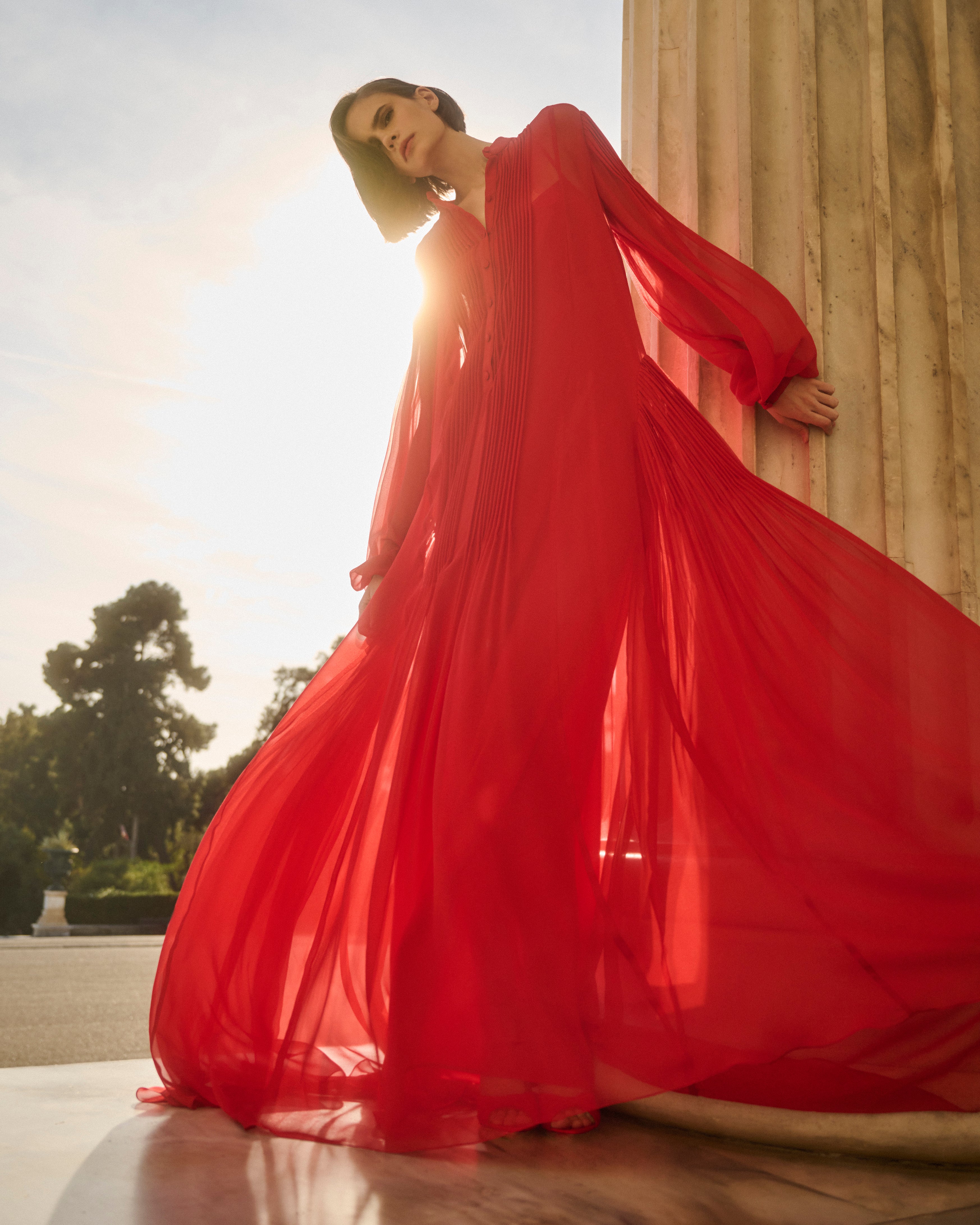costarellos red dress Costarellos - Marlette High-Low Crepe Gown