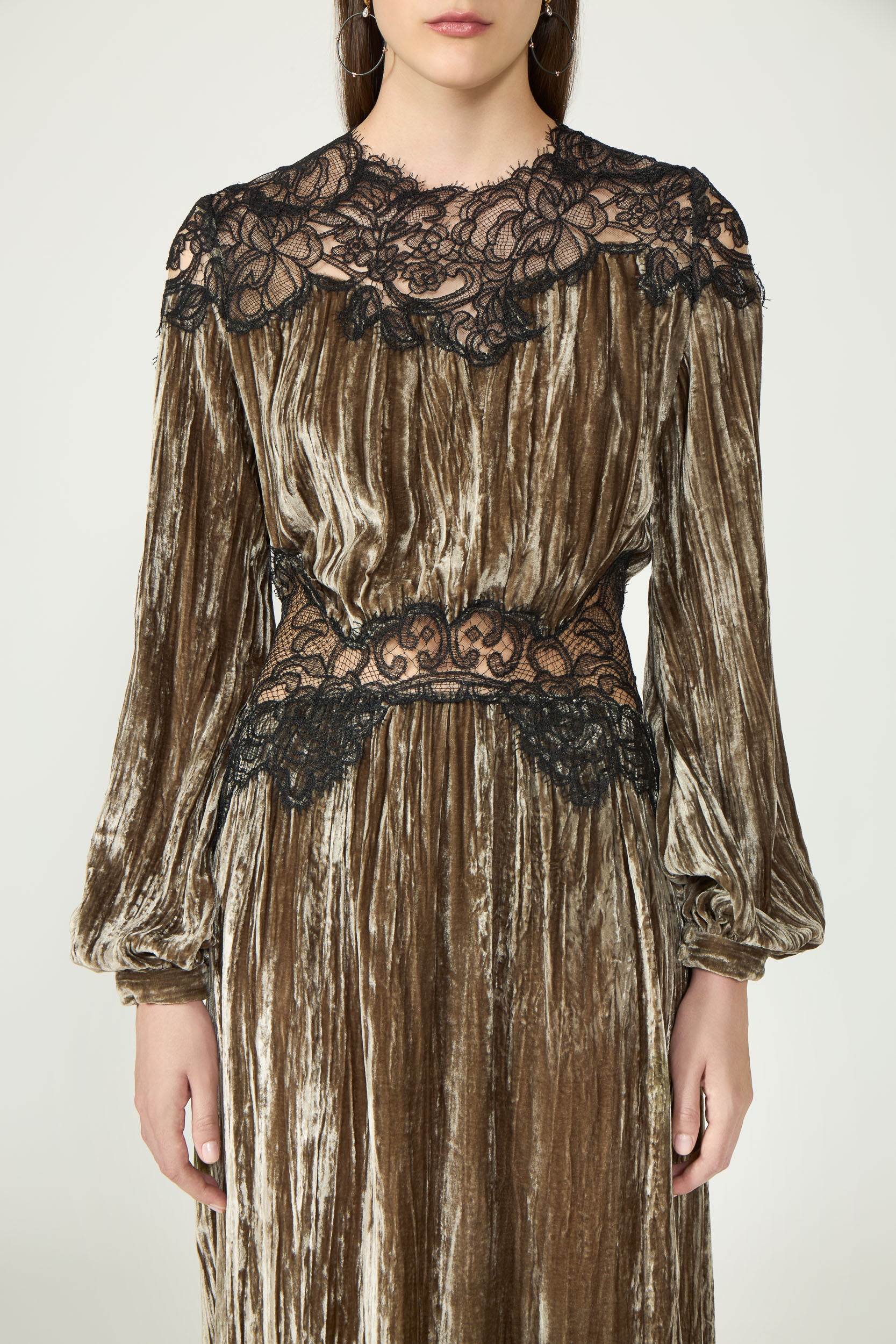 Senna Plissé Silk Velvet Lace Gown