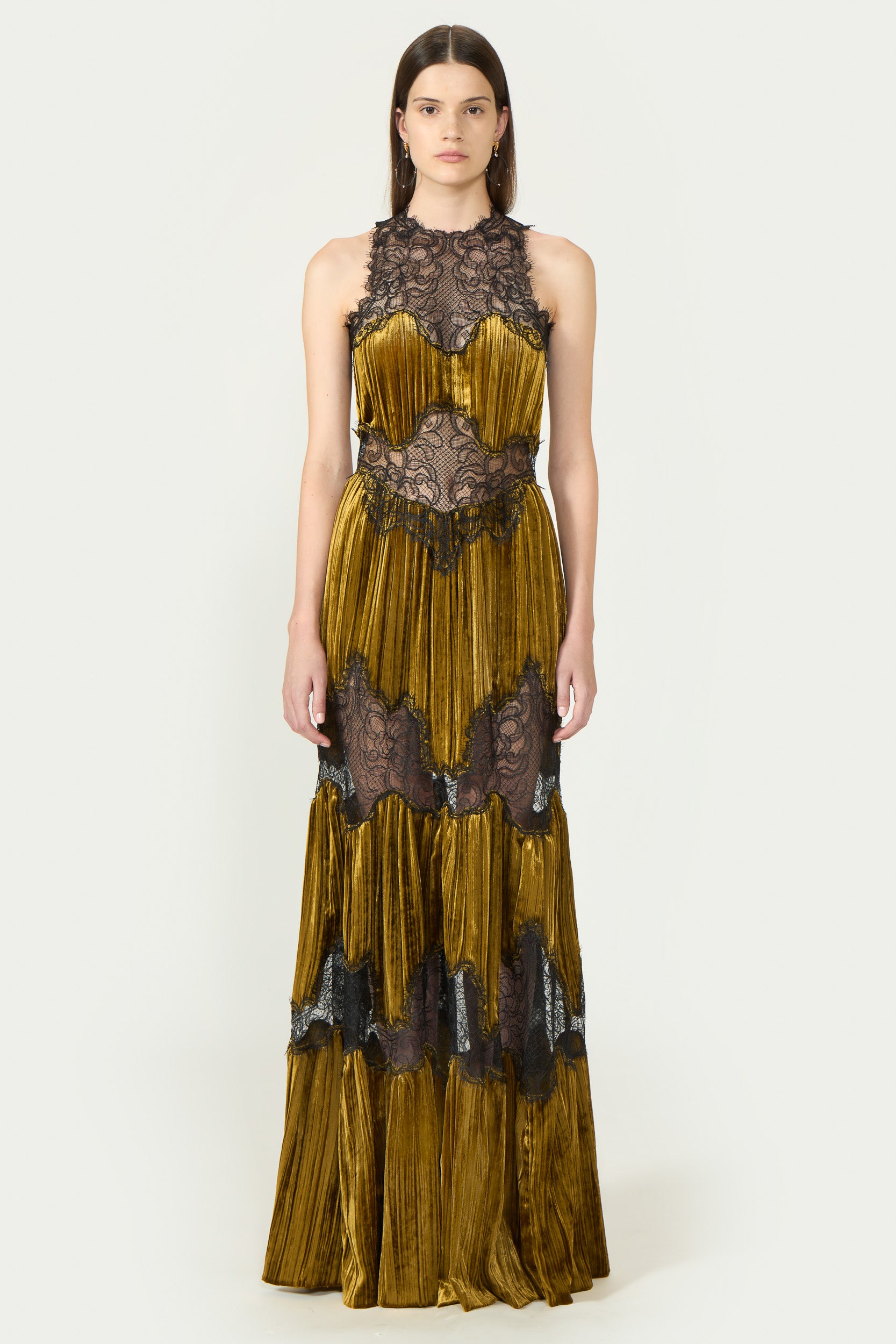 Nassia Plissé Silk Velvet Lace Gown