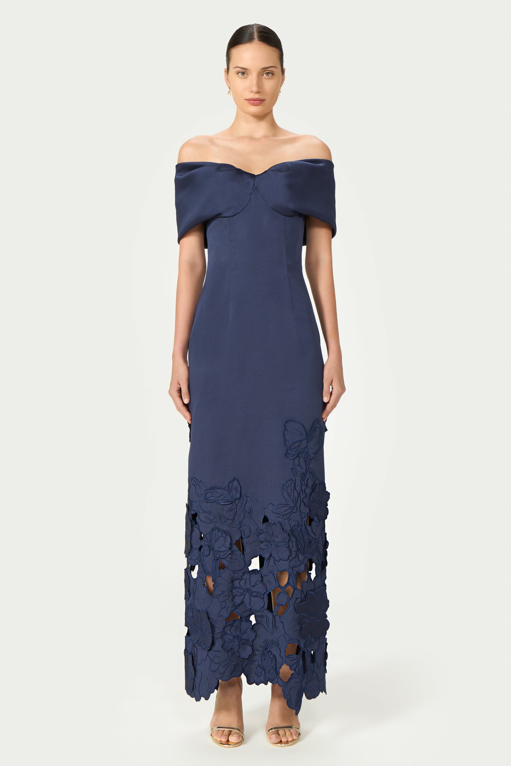 Norelle Satin Floral-Cut Off Shoulder Dress