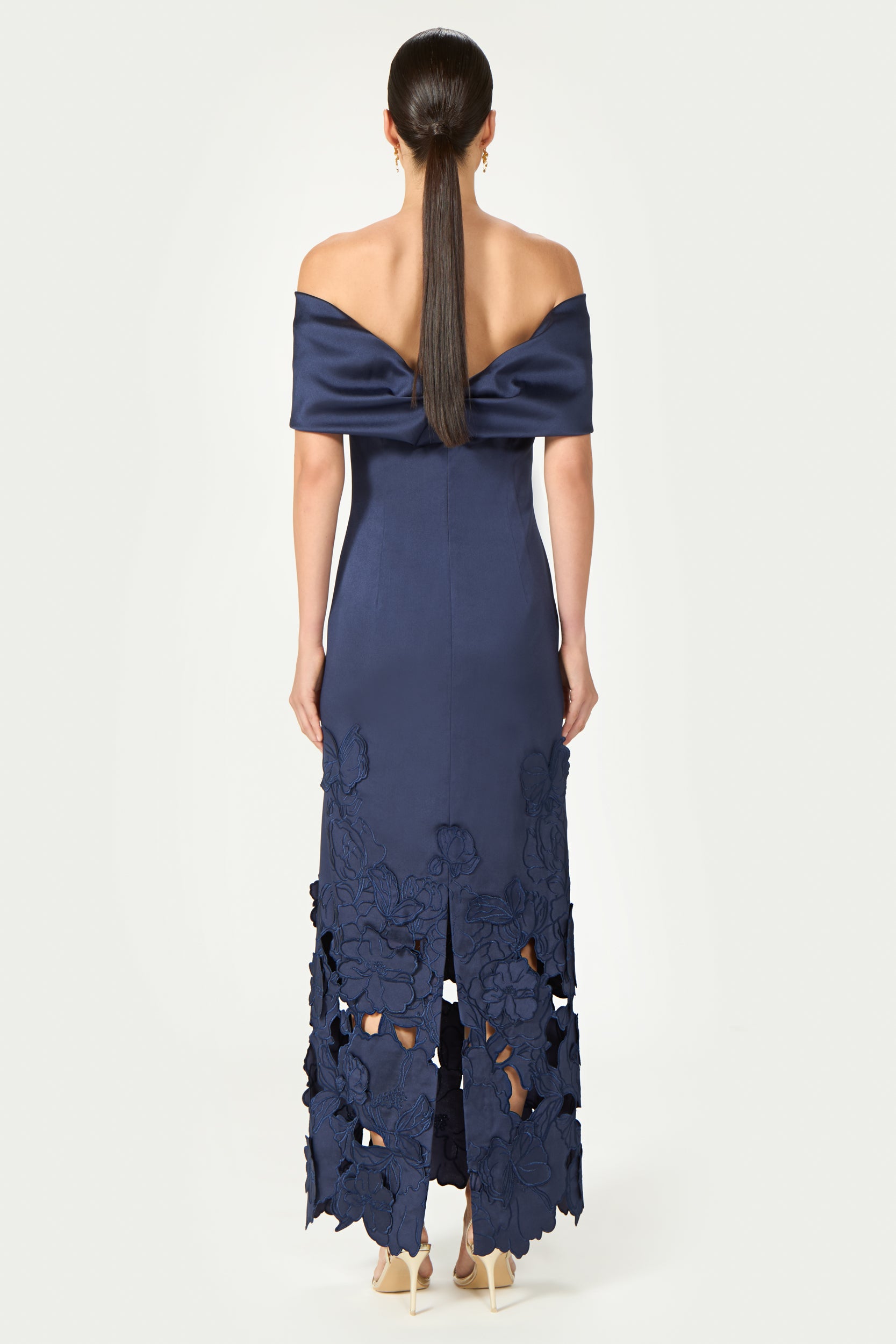 Norelle Satin Floral-Cut Off Shoulder Dress