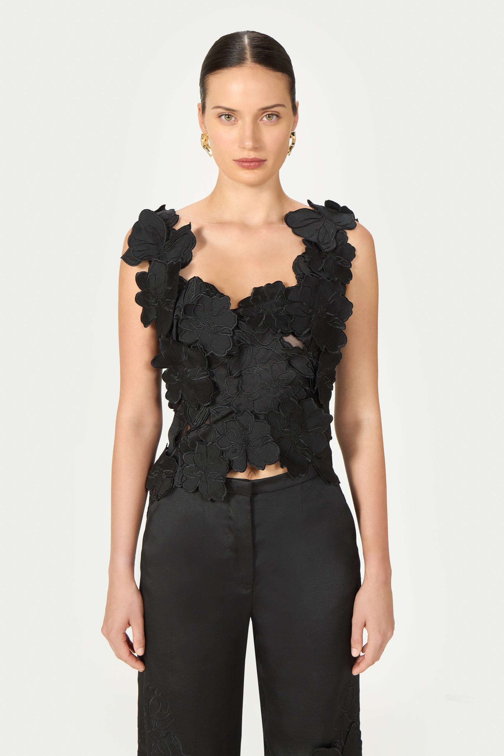 Liess Embroidered Floral-Cut Satin Top