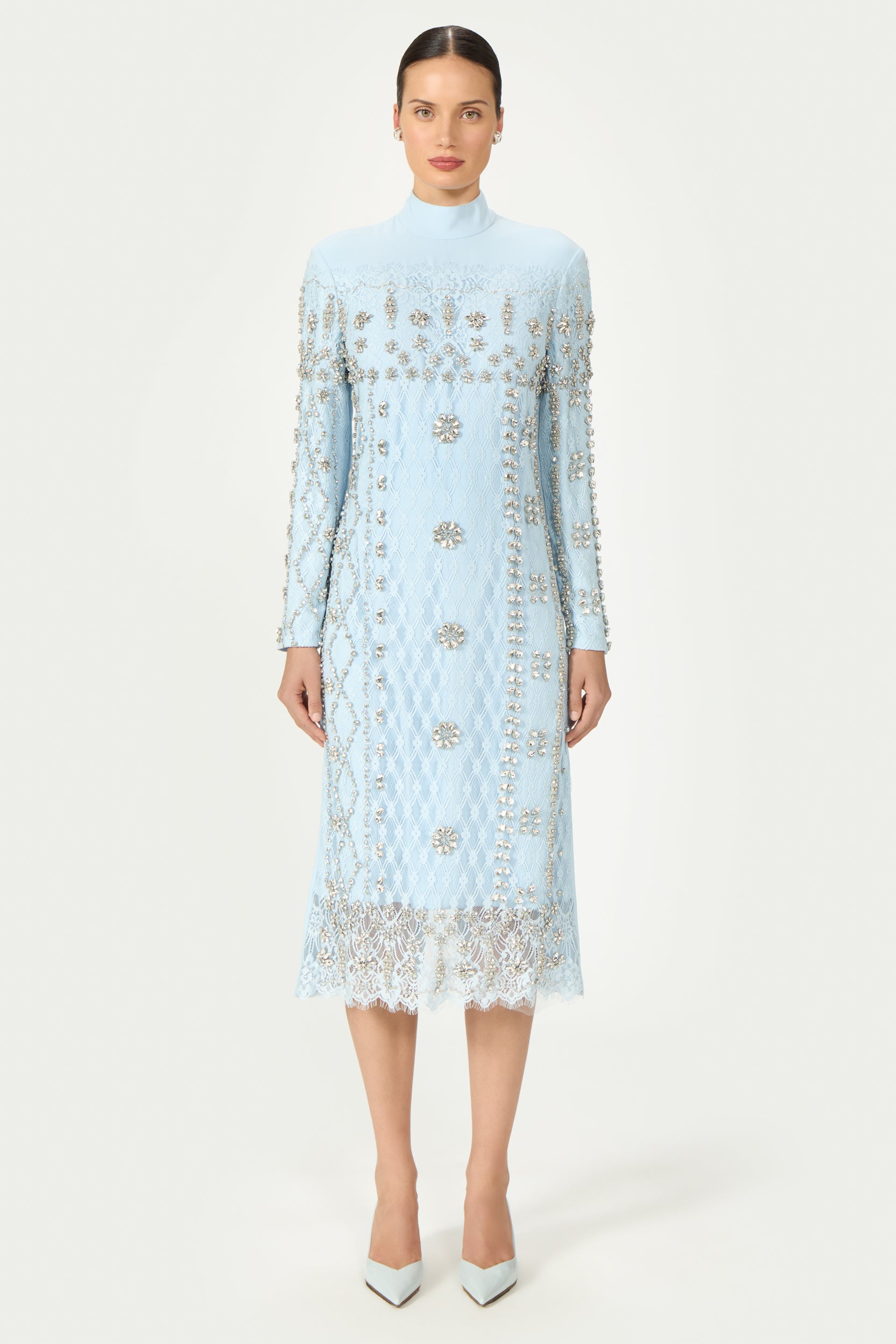Shayna Beaded French Lace Crepe Midi Dress