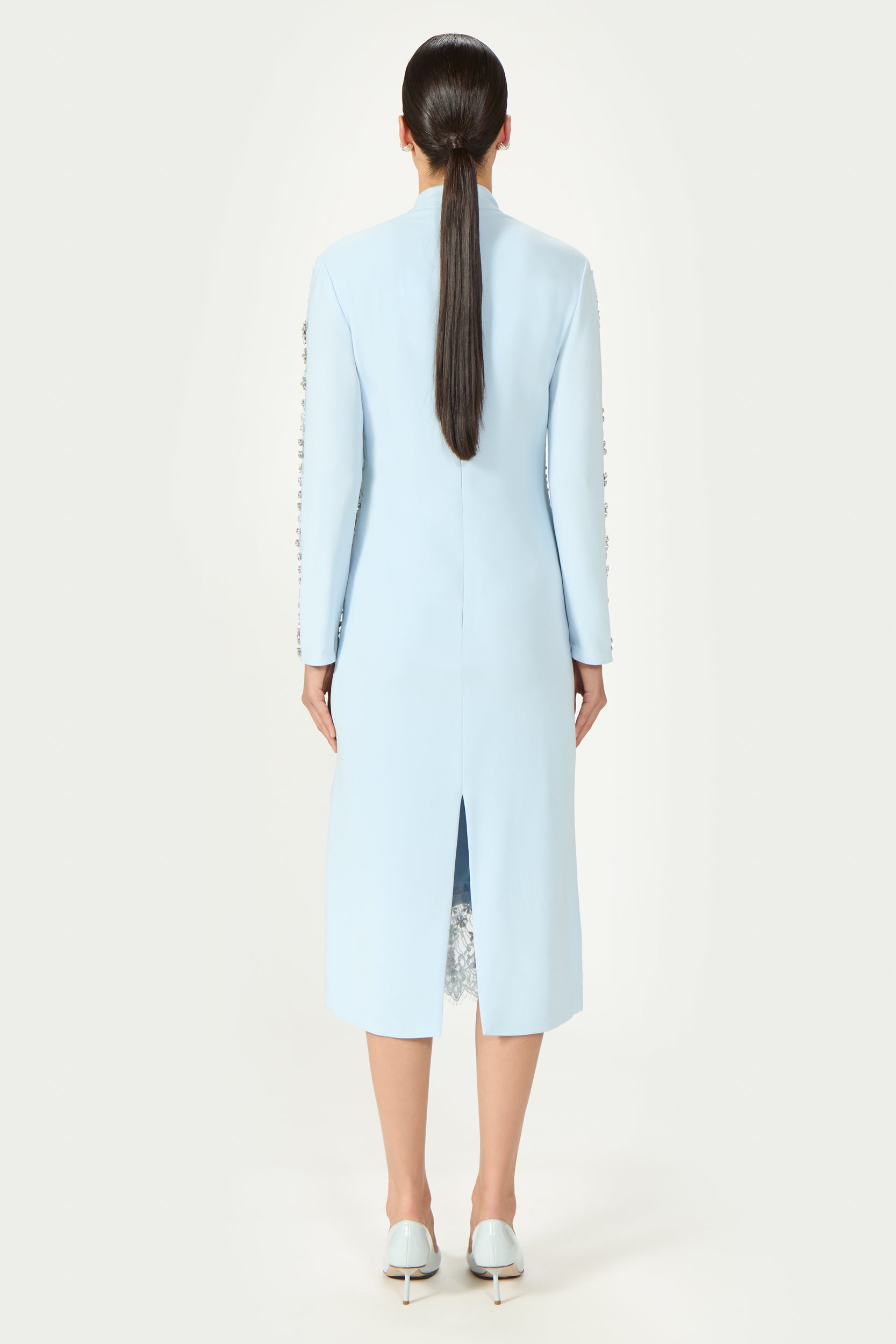 Shayna Beaded French Lace Crepe Midi Dress