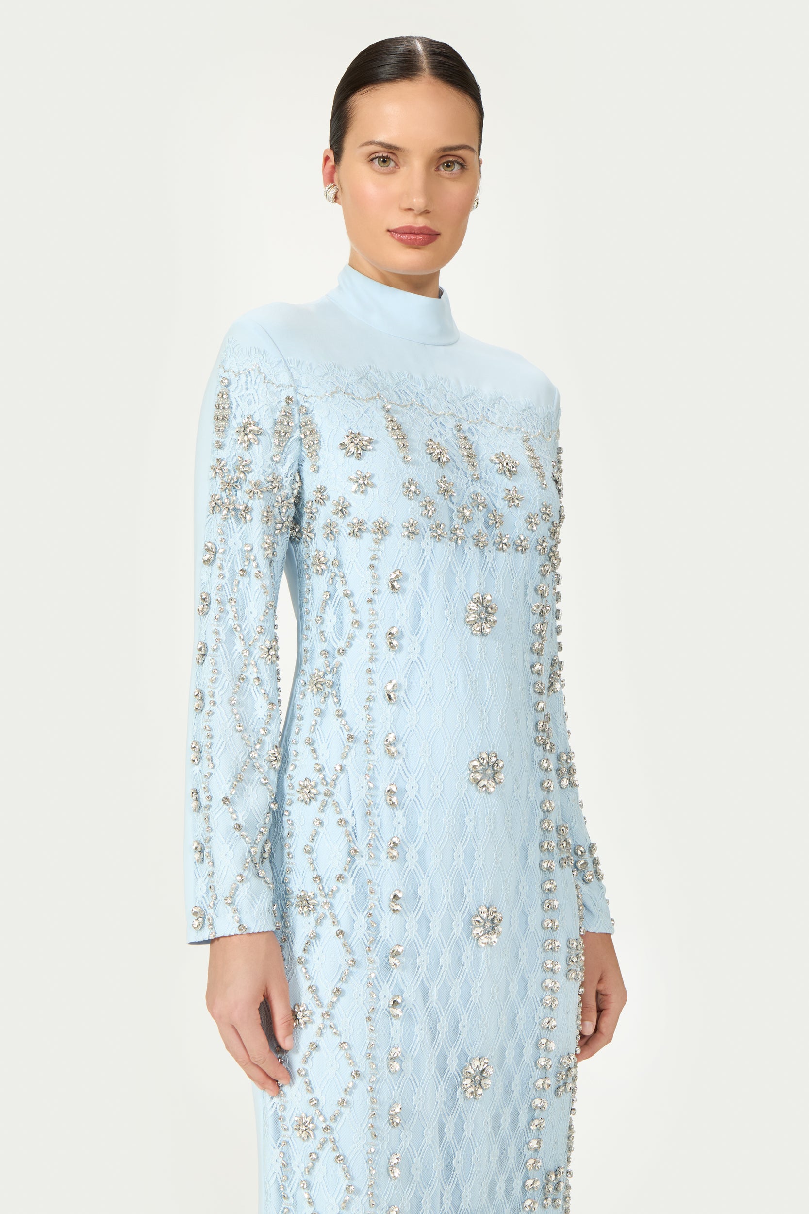 Shayna Beaded French Lace Crepe Midi Dress