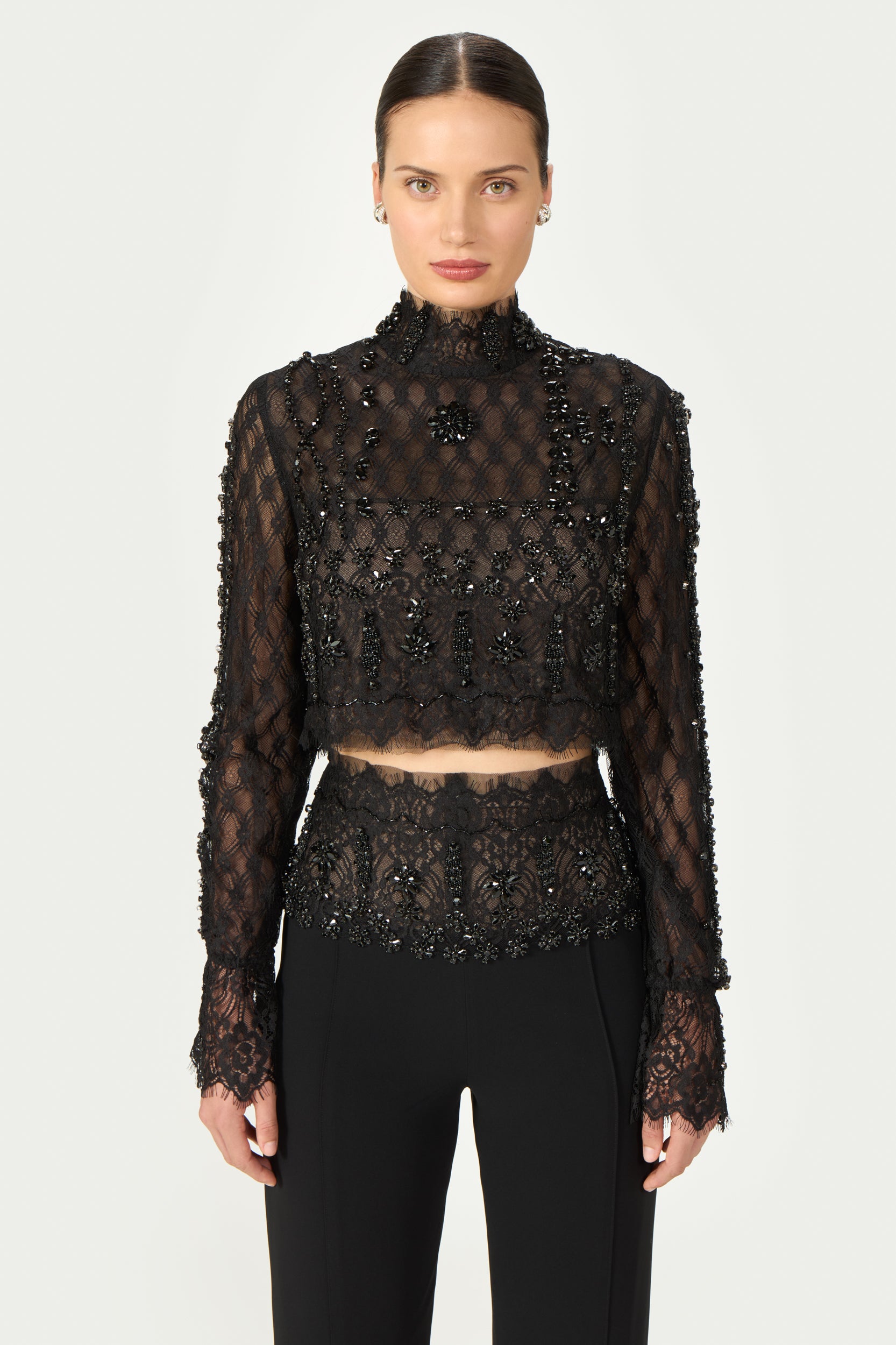 Darie Beaded French Lace Crop Top
