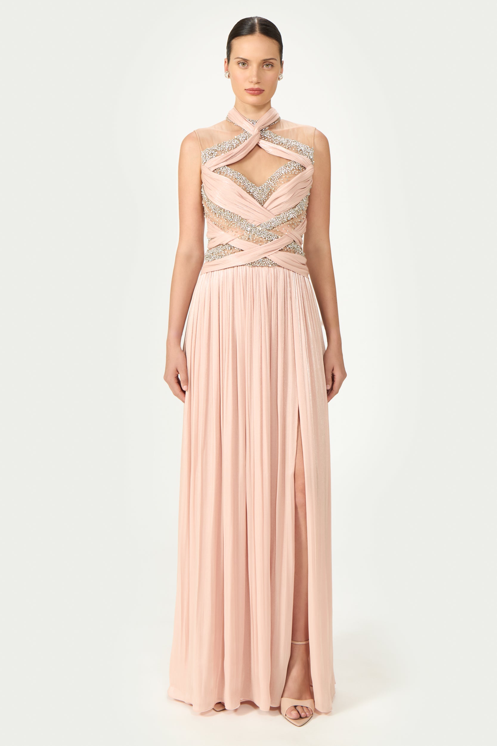 Avalia Lurex Georgette Halter Gown