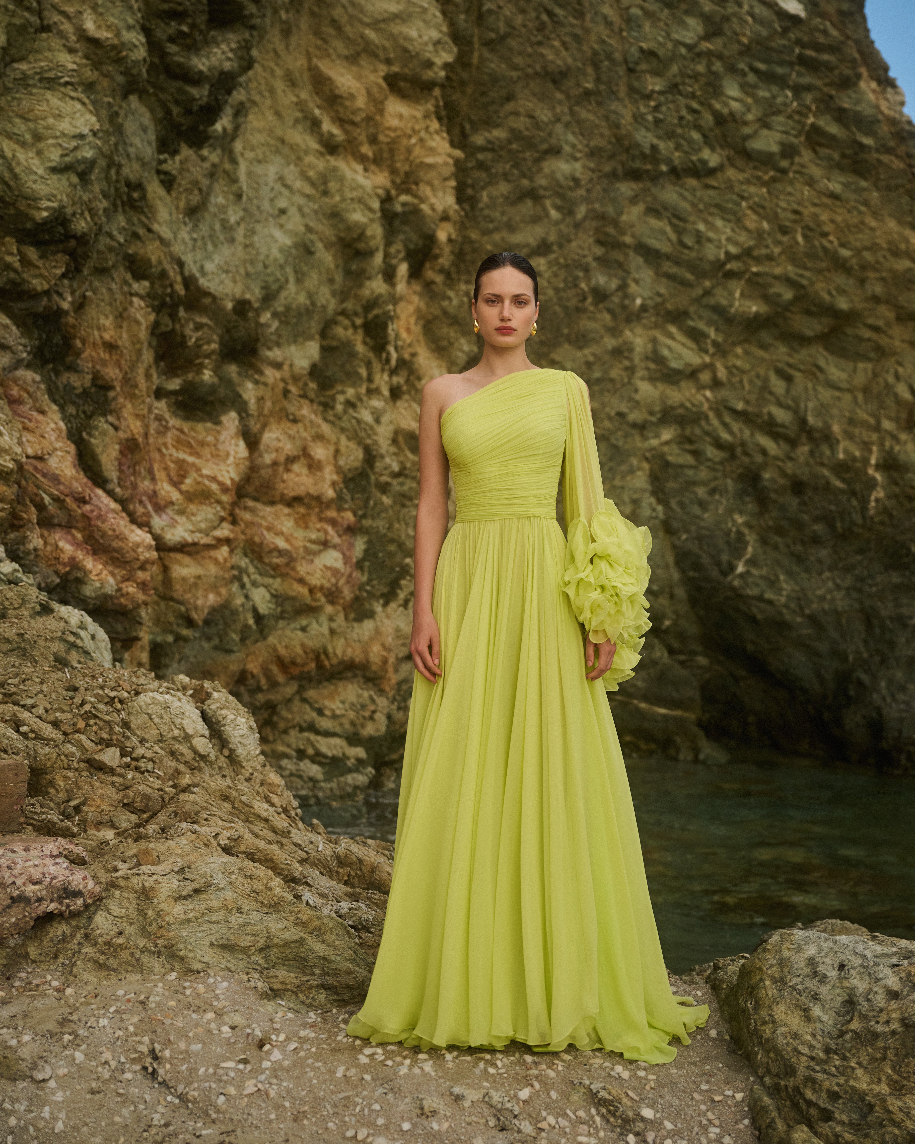 costarellos green dress Amabel one-shoulder pleated gown in green - Costarellos