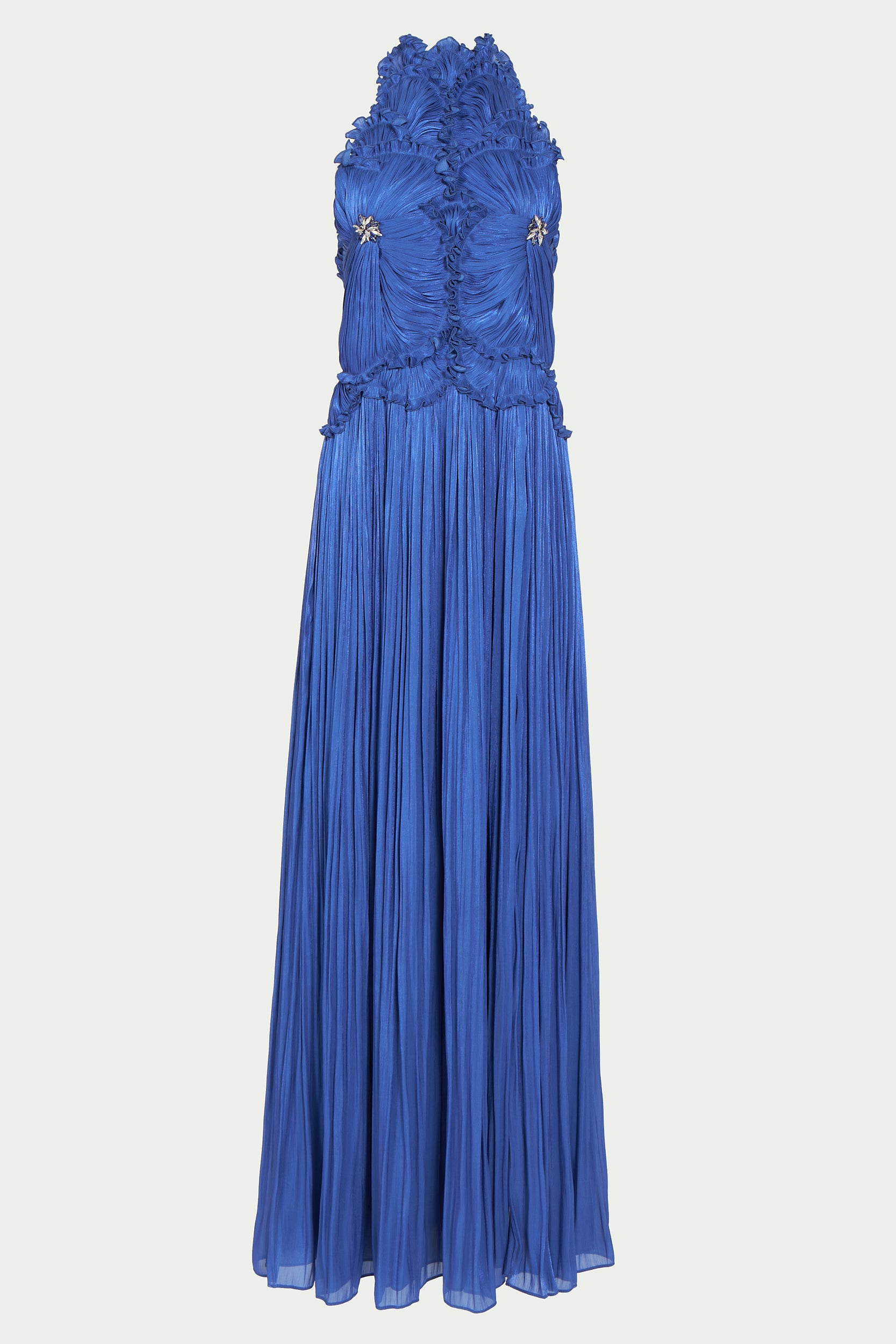 Floor length royal blue Costarellos dress with draped skirt and textured floral bustier with halterneck neckline.