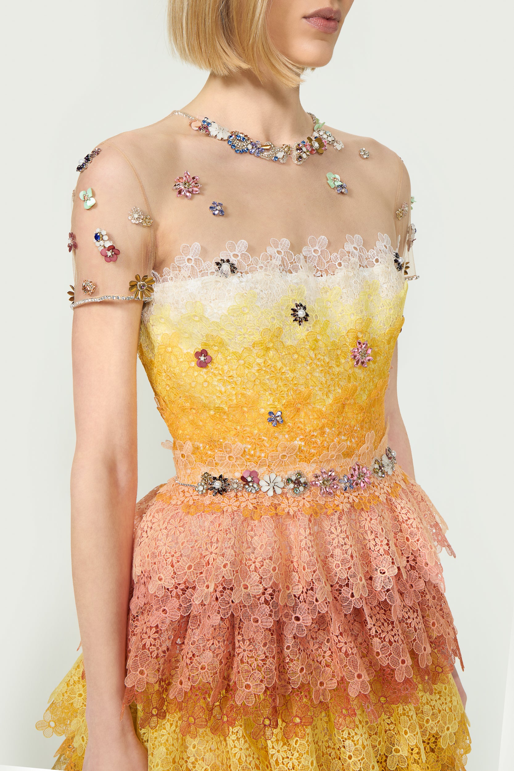 Orielle Gossamer Lace Ombré Tiered Mini Dress