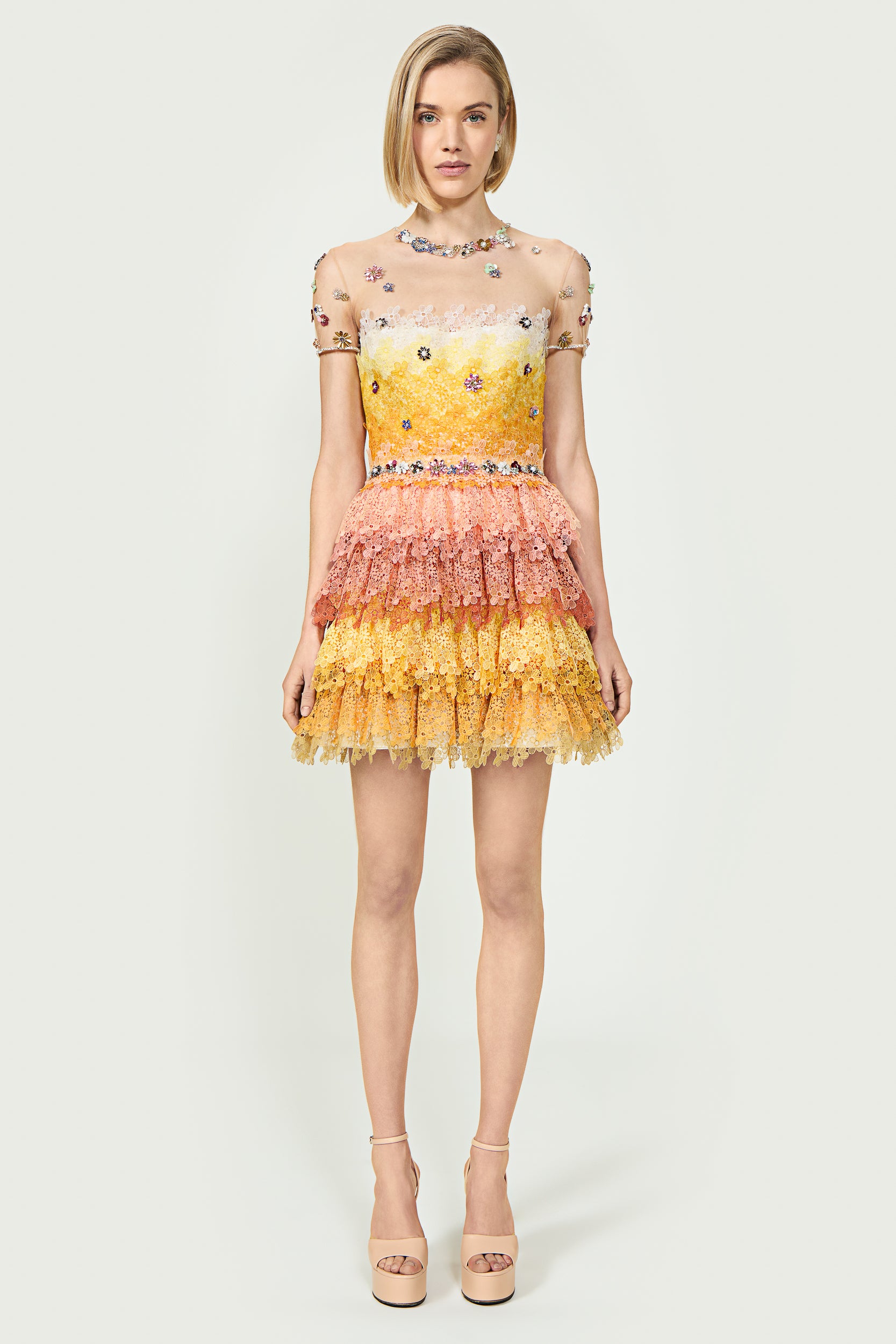 Orielle Gossamer Lace Ombré Tiered Mini Dress