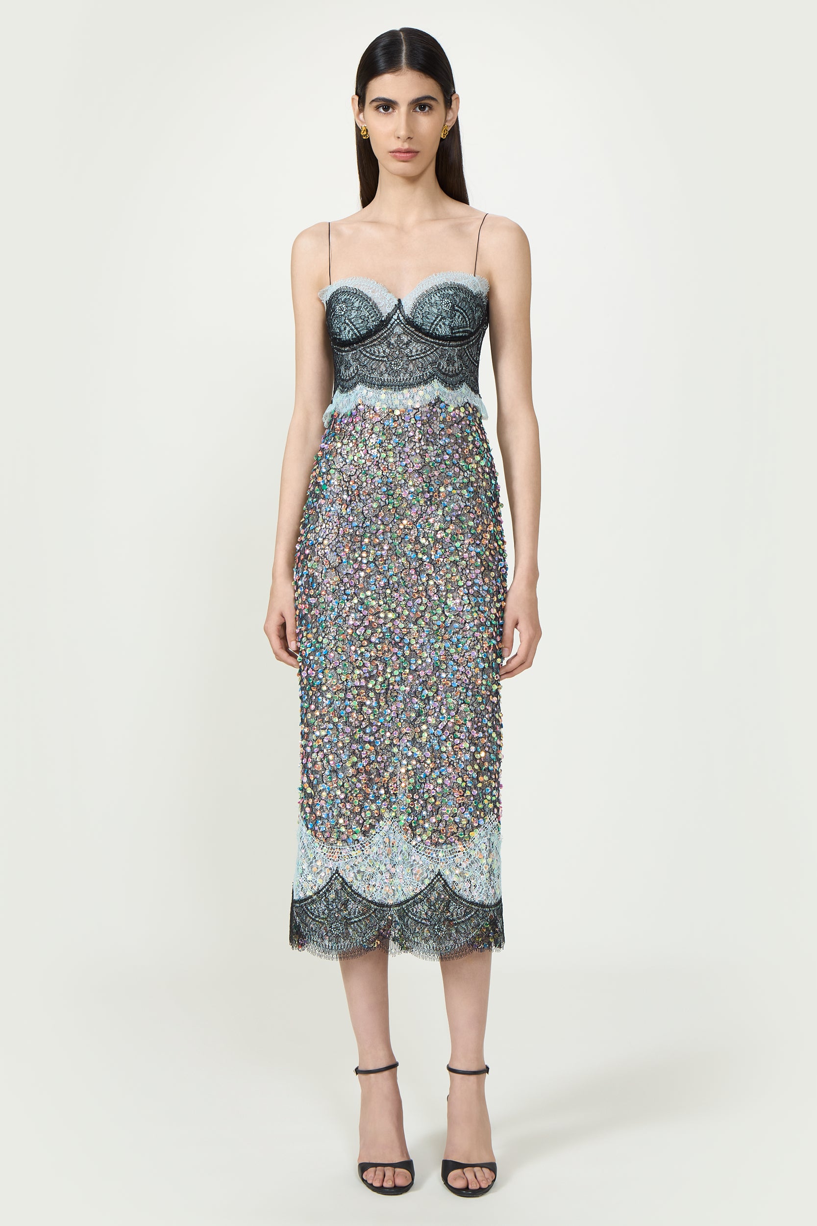 Lindra Chantilly Lace Sequined Midi Dress