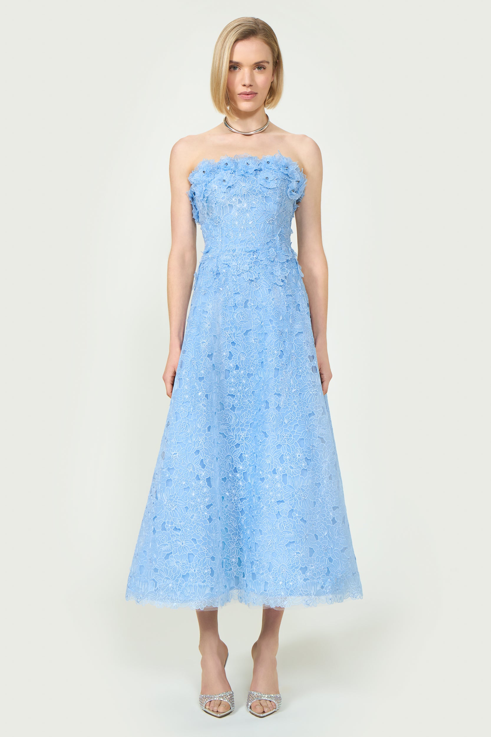 Anessa Embroidered Organza Stapless Midi Dress Anessa Embroidered Organza Stapless Midi Dress