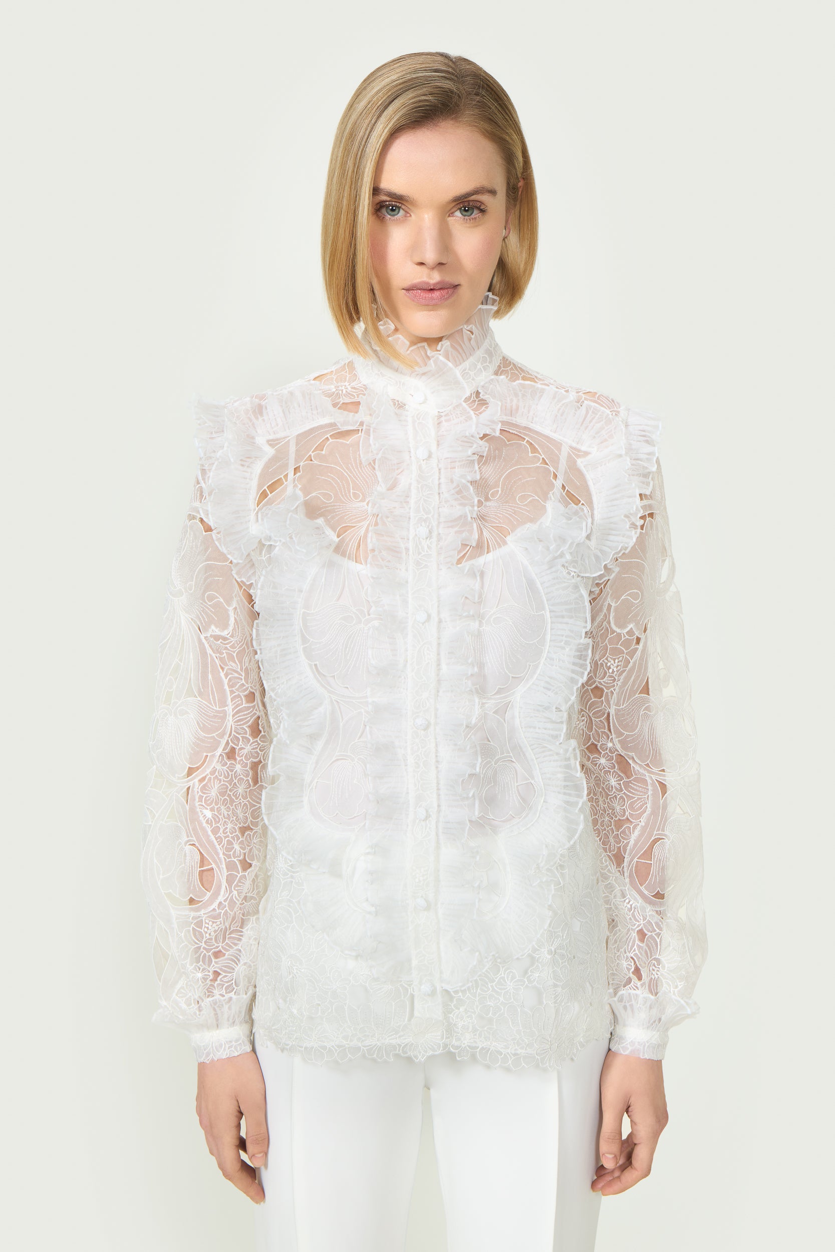 Augusta Embroidered Organza Ruffled Blouse