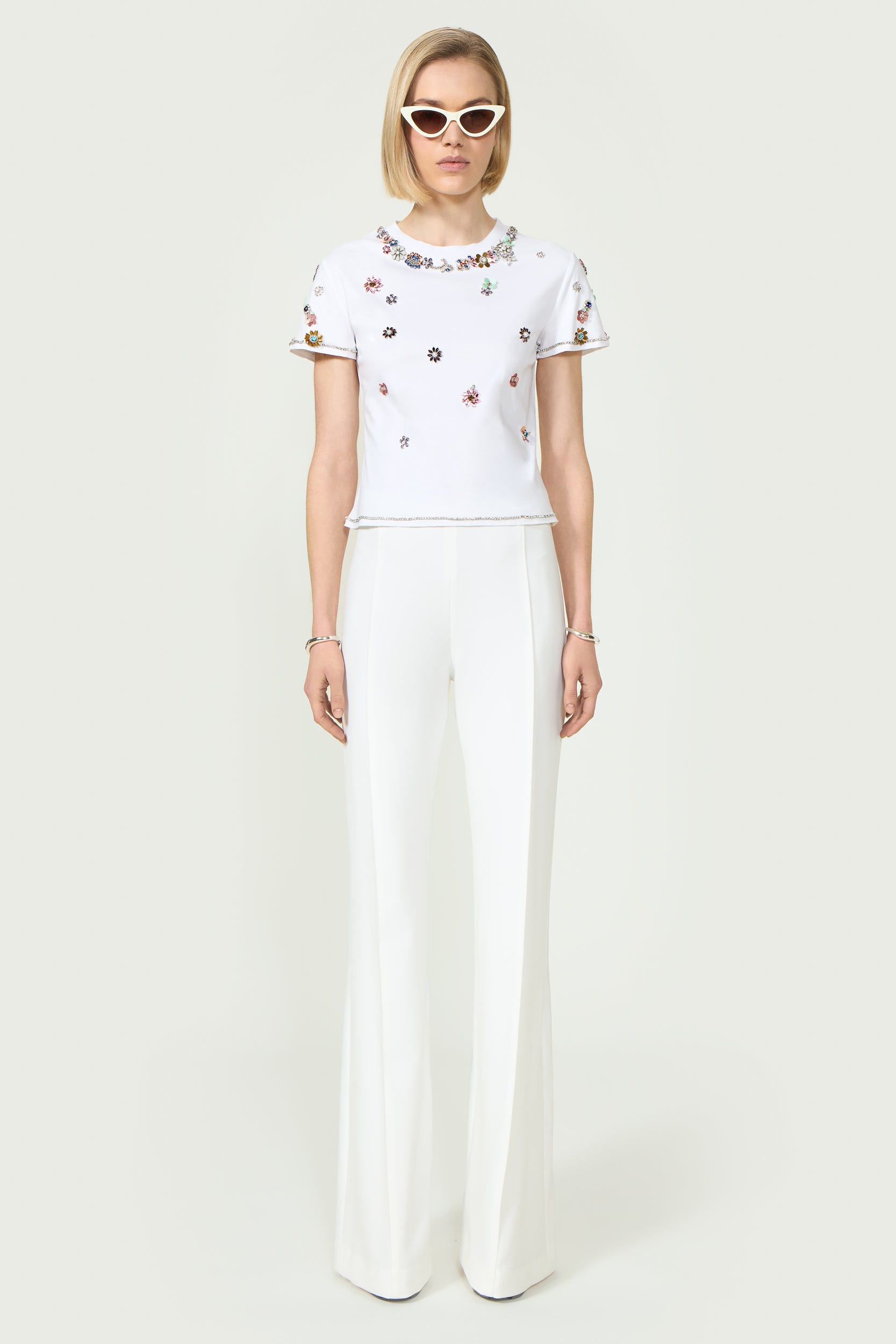 Lonnie Crystal Flower Embellished Cotton Top