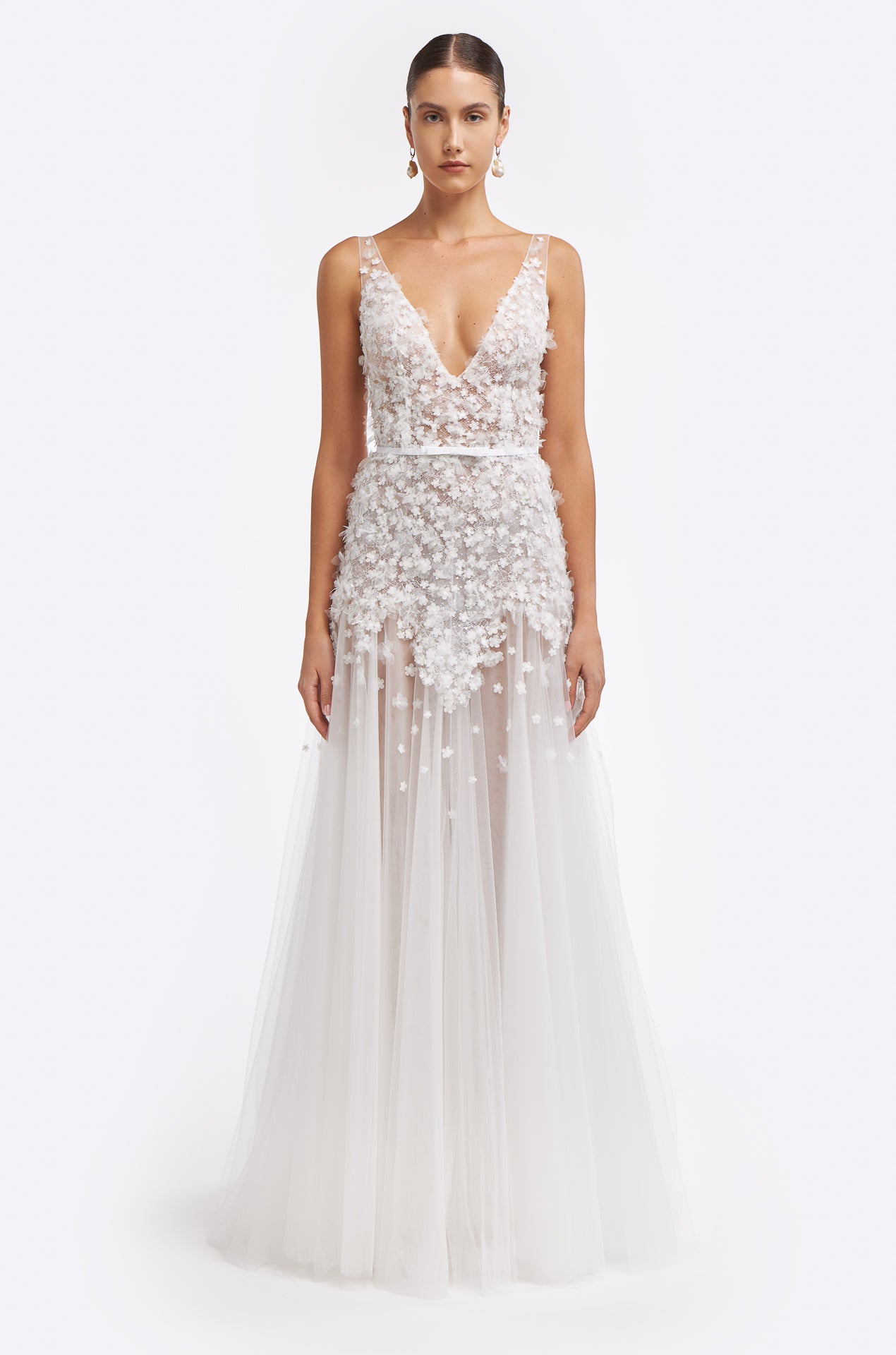 Lace Flowing White Tulle V Neck Dress